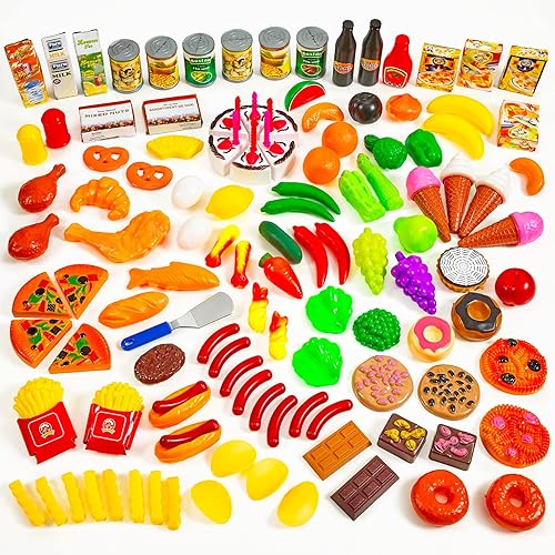 MEDca Juego de comida para niños, colección de 130 piezas, juego de comida falsa surtida, incluye frutas, verduras, aperitivos, postres, jugos,
