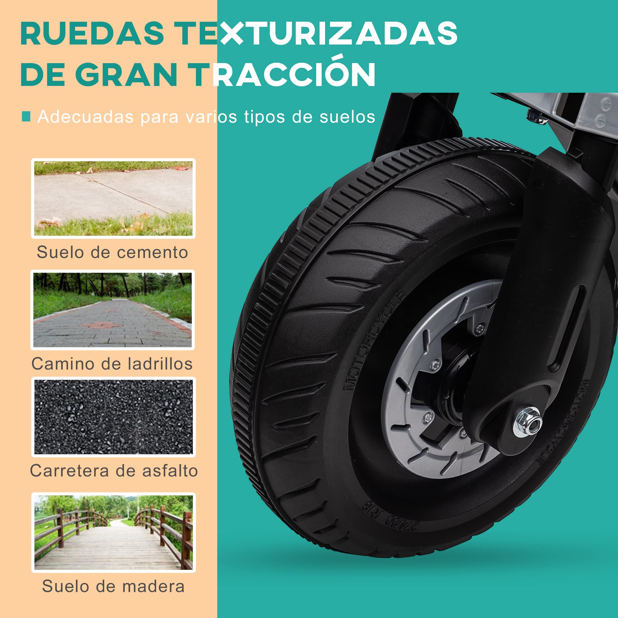 HOMCOM Moto Eléctrica para Niños de 3-5 Años 86x44x58 cm Negro y Blanco | Moto de Batería 6V, Faros, Música, Bocina, Velocidad 3 km/h, Avance Retroceso, Ruedas Auxiliares, Carga 25 kg