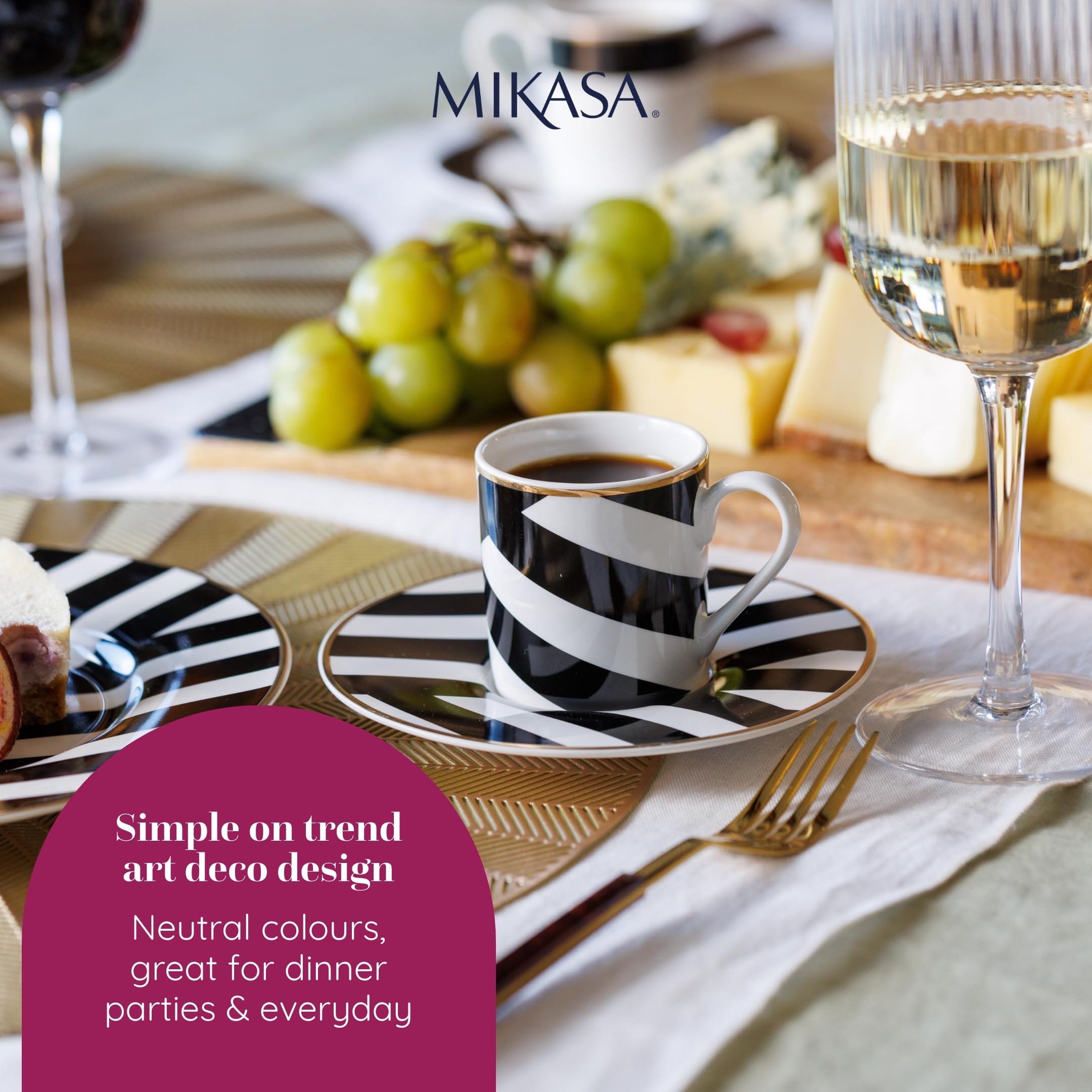 Mikasa Luxe Deco Porcelanowy zestaw filiżanek i spodków do espresso, 2x filiżanki i spodki do espresso z geometrycznym nadrukiem, filiżanki do kawy o pojemności 100 ml