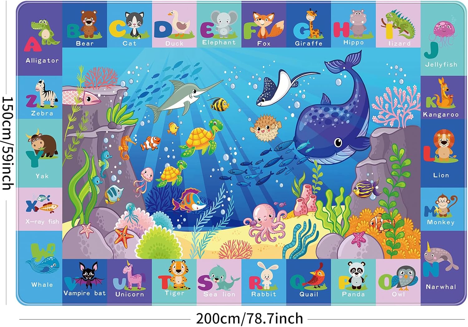 Baby Play Mat for Floor - ABC Kids Rugs for Playroom - Sea Animal Play Rug - Ocean Playmat Crawling Tummy Time Mat, Non-Toxic Non-Slip Rugs (78.7X59 INCH)