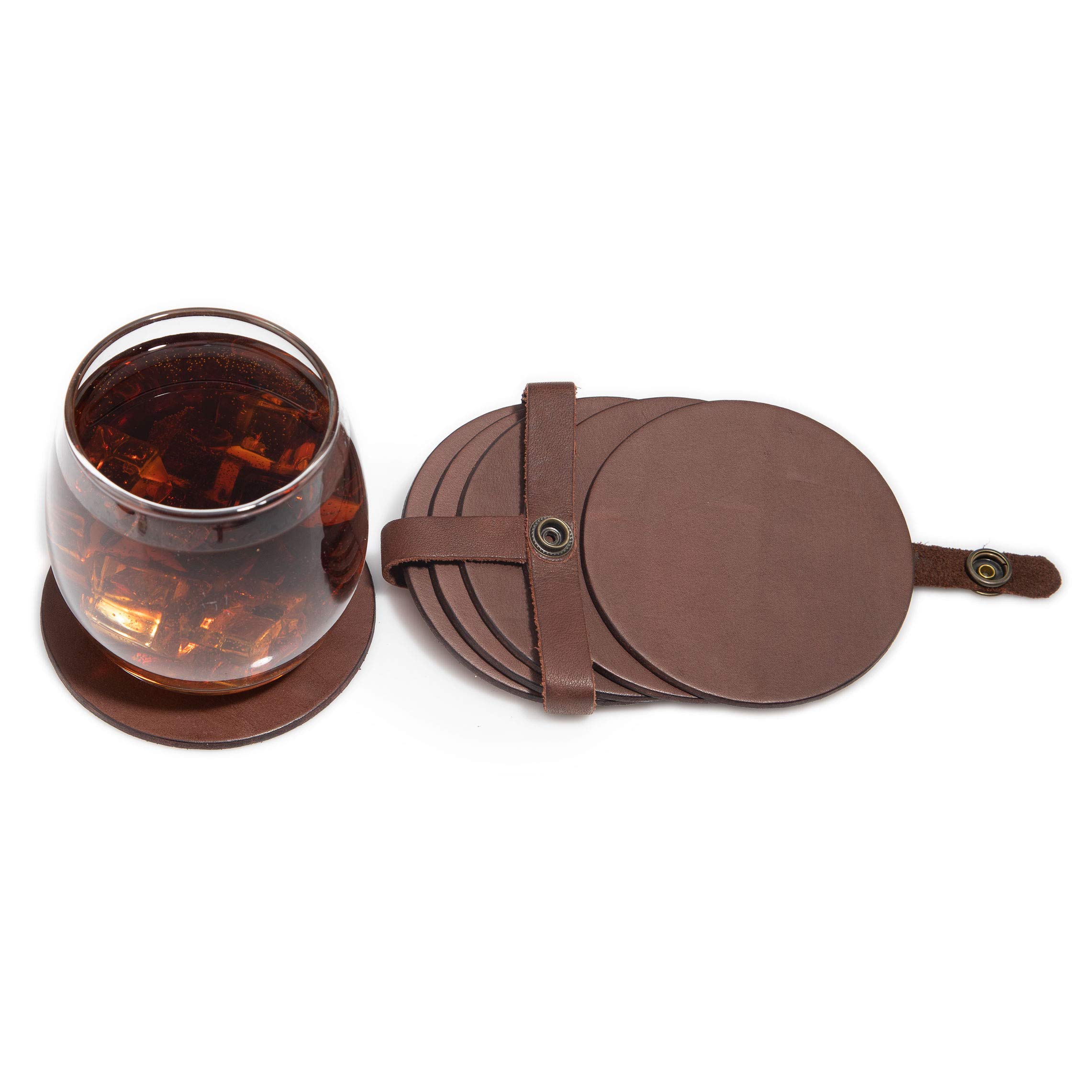 Round Leather Coasters | Set of 6 Drink Coasters | Simple Snap Coaster Holder | Full Grain, Vegetable Tanned Leather – Durable & Absorbent (Brown – Café)