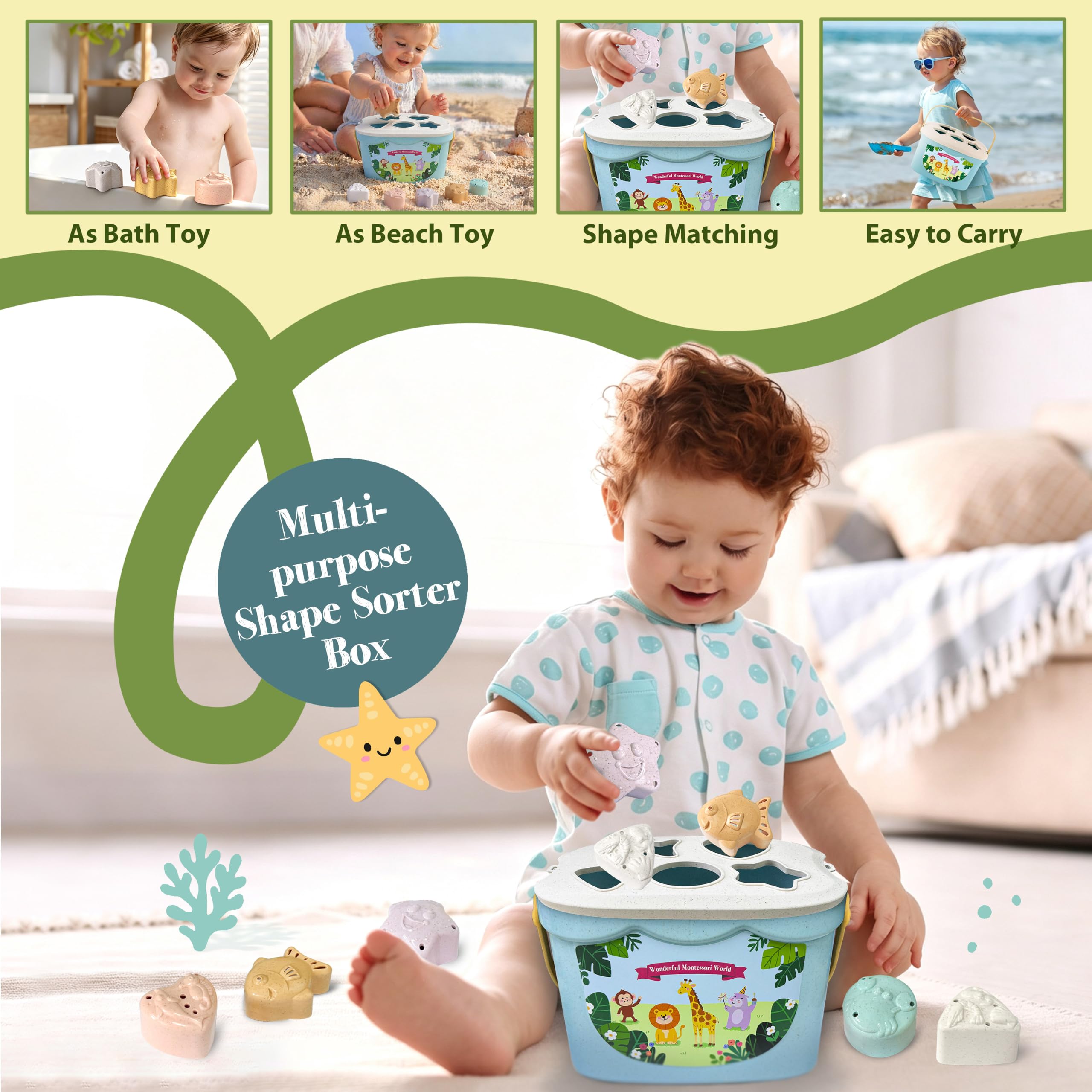 Montessori - Giocattolo per bambini 6 mesi, 6 in 1, giocattolo Montessori per bambini dai 6, 9 e 12 mesi, con scatola per fazzoletti, xilofono, anelli impilabili in legno, giocattolo in
