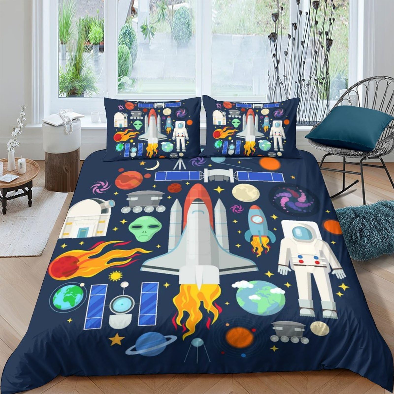 Ctjqhvkz Style-5 3D Printed Space Rocket Fitted Sheet Microfiber Colourful Astronaut Planet Bed Cover For Bedroom Dorm Home Decor Single（135X200cm）