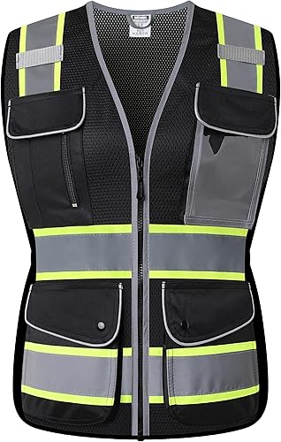 Chalecos de seguridad de malla negra reflectante de alta visibilidad con 9 bolsillos y cremallera frontal, chaleco de seguridad de alta visibilidad