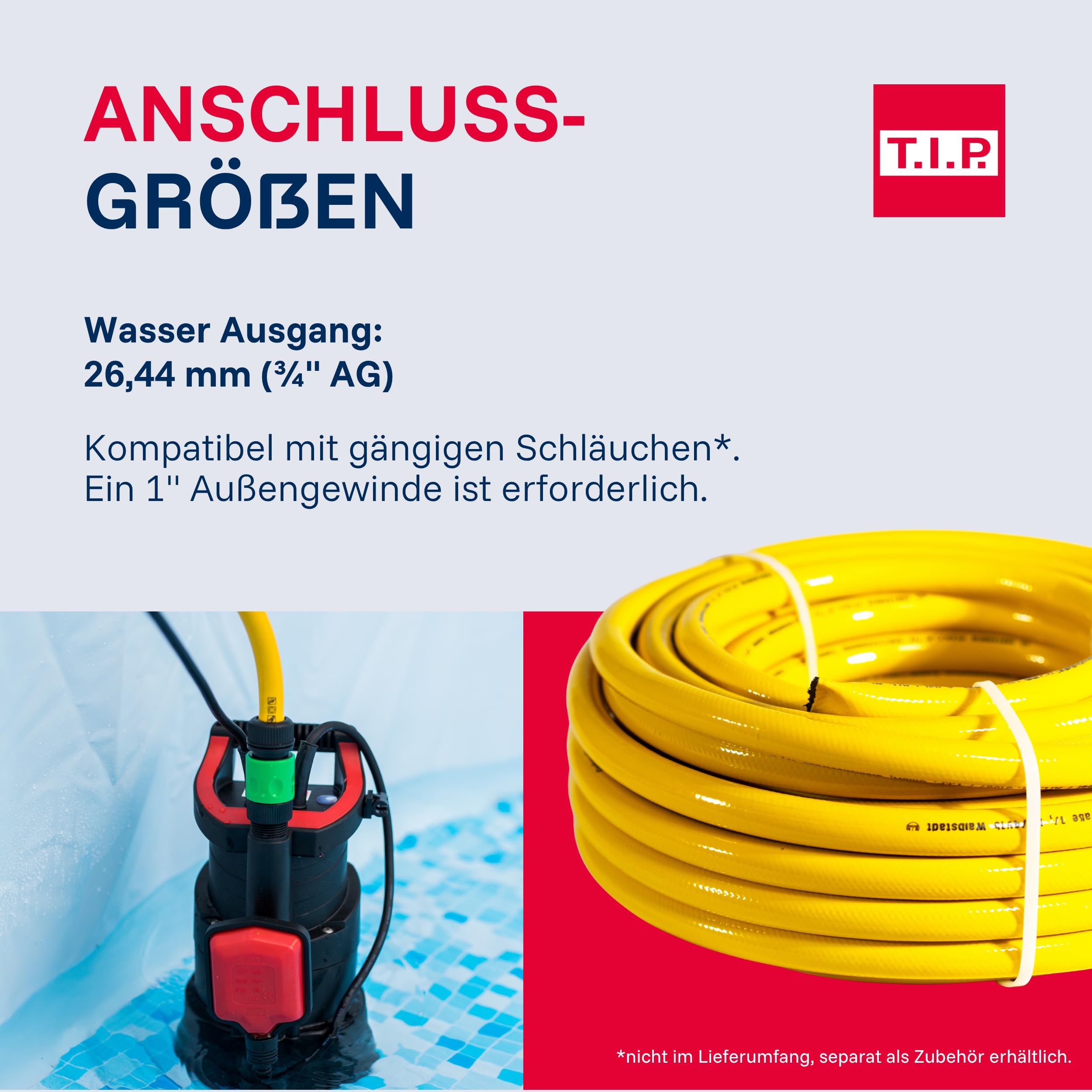 T.I.P. Tauchdruckpumpe DrainPress 3200/24-3.200 l/h, Flachabsaugend bis 1 mm, 24 m Förderhöhe, 2,4 bar Druck, Regenfasspumpe mit Schnellanschluss, 30182