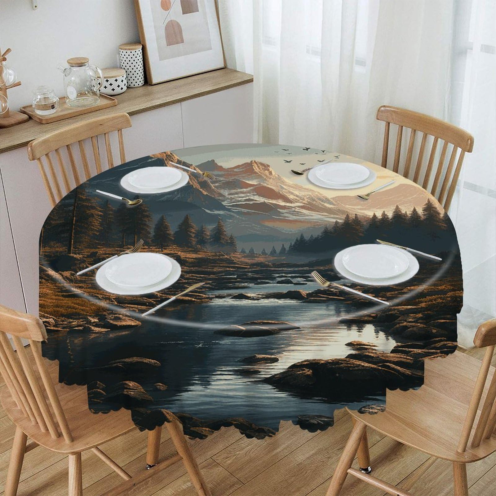 FekiLoot 60 Inch Round Wilderness Tablecloth Waterproof Heavy Duty Polyester Table Cloth Spill-Proof Wipeable Table Cover Decorative Circle Dining Tablecover for Party Outdoor