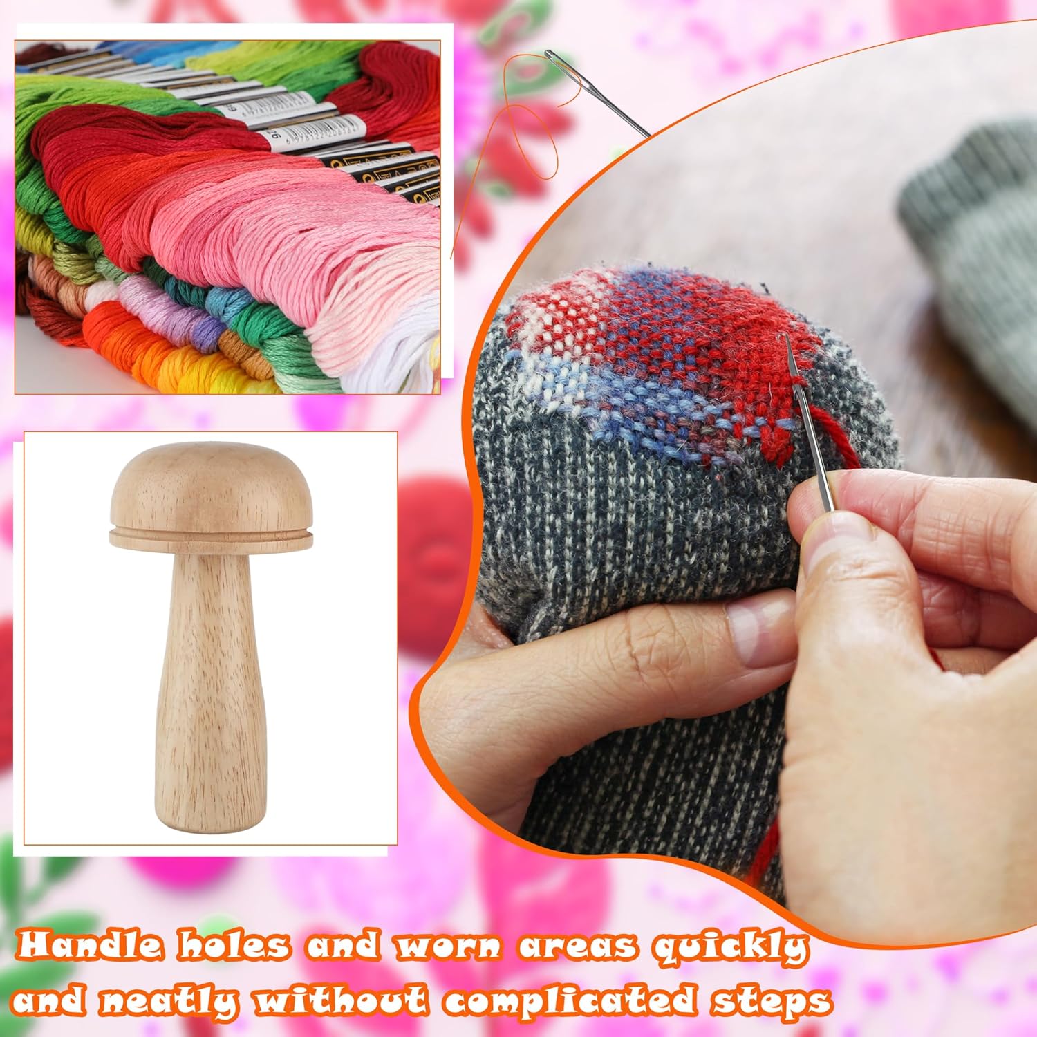 Darning Mini Loom Kits Darning Mushroom Set Knit Patch Loom Kit Speedweave Darning Loom with 100 Colors Thread for Handcraft DIY Weaving Repair Tool