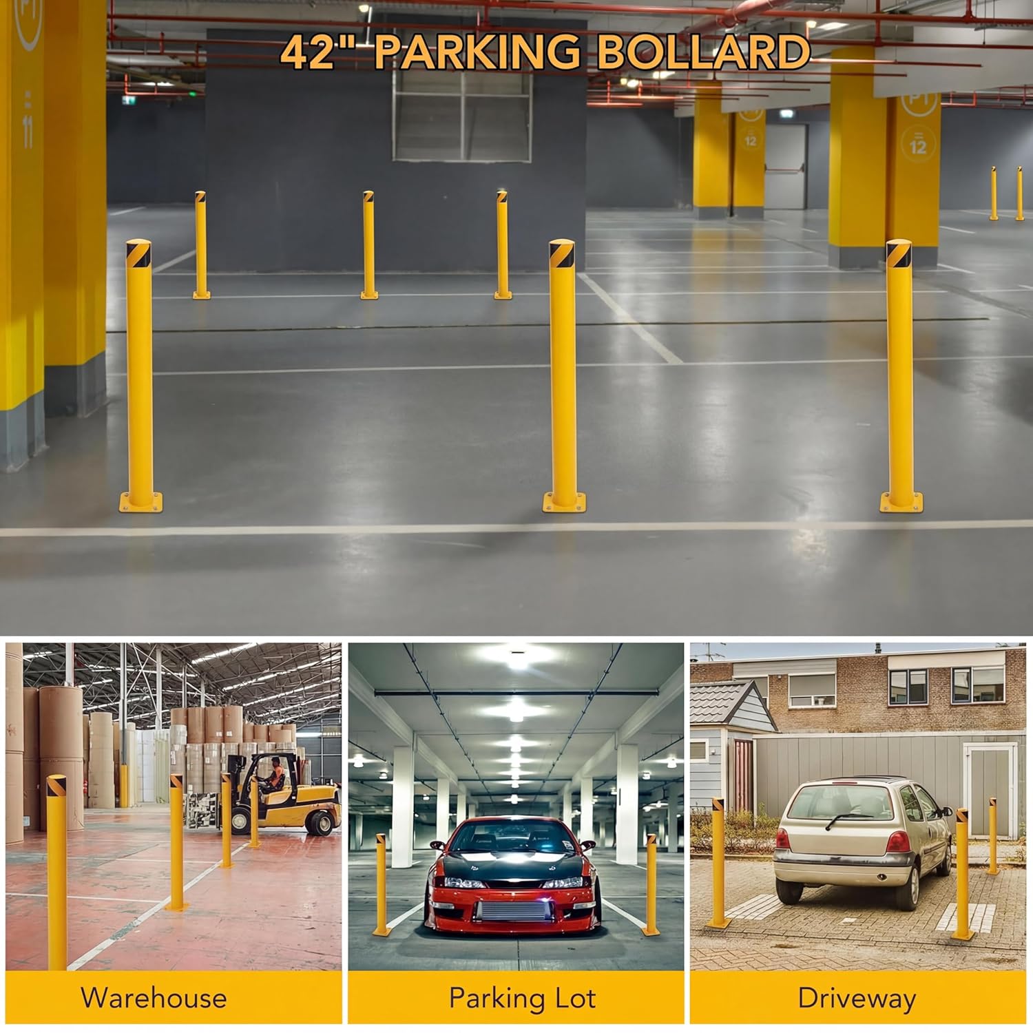 42 in Tall Heavy Duty Safety Bollard Post, Parking Bollard Post, 4.5 in Diameter Steel Barrier with Mounting Base and 4 Anchor Bolts, Yellow Powder Coated for Driveway, Warehouse