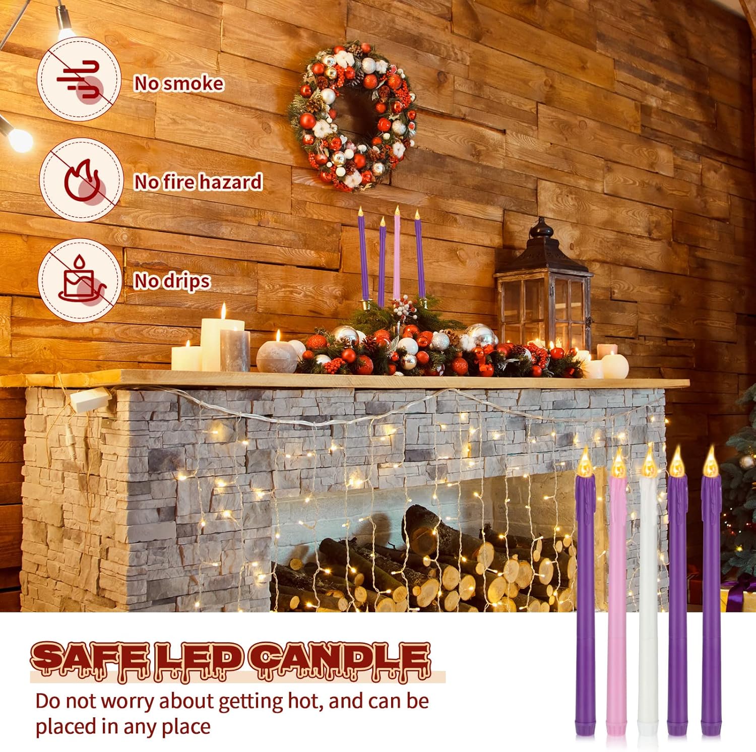BBTO Christmas Flameless Advent Candles Set of 5 Battery Operated Candles LED Taper Candle Purple & Pink Glitter Flickering Candle for Christmas Fireplace Wreath Decor(Teardrop Style)