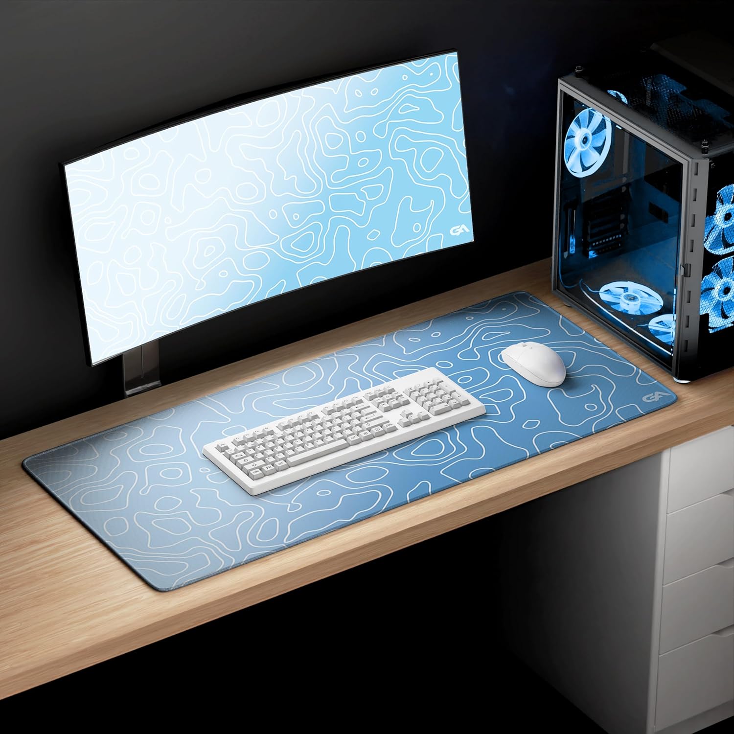 GutzyAiden Topo Extended Extra Large Mouse Pad | Gaming Setup | Hybrid Polyester Fabric Top | Non-Slip Natural Rubber Base | 5mm Thick | ICY Cyan Topo | XXL - 36" x 18" |