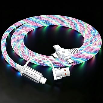 6-in-1 Charging Cable 39 Inch,Colorful LED Flowing Light Cross Design,Supports Fast Charging and Data Sync with Smart Chip,Braided Tangle-Free Compatible with Phones,Tablets,Laptops and More.