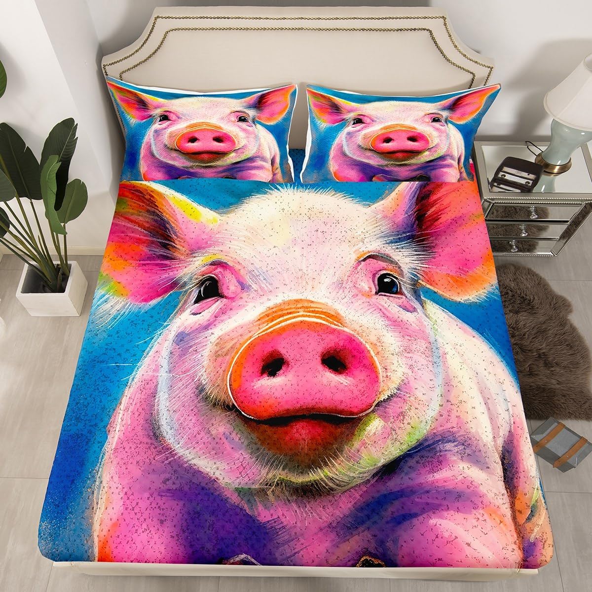 Feelyou Pig Sheet Set Cartoon Pigs Sheets with Deep Pocket Fitted Sheet Room Decorative Lovely Animal Bed Sheets Set Cute Pet Farm Animal Pig Oil Painting Style Bedding Set Queen Size