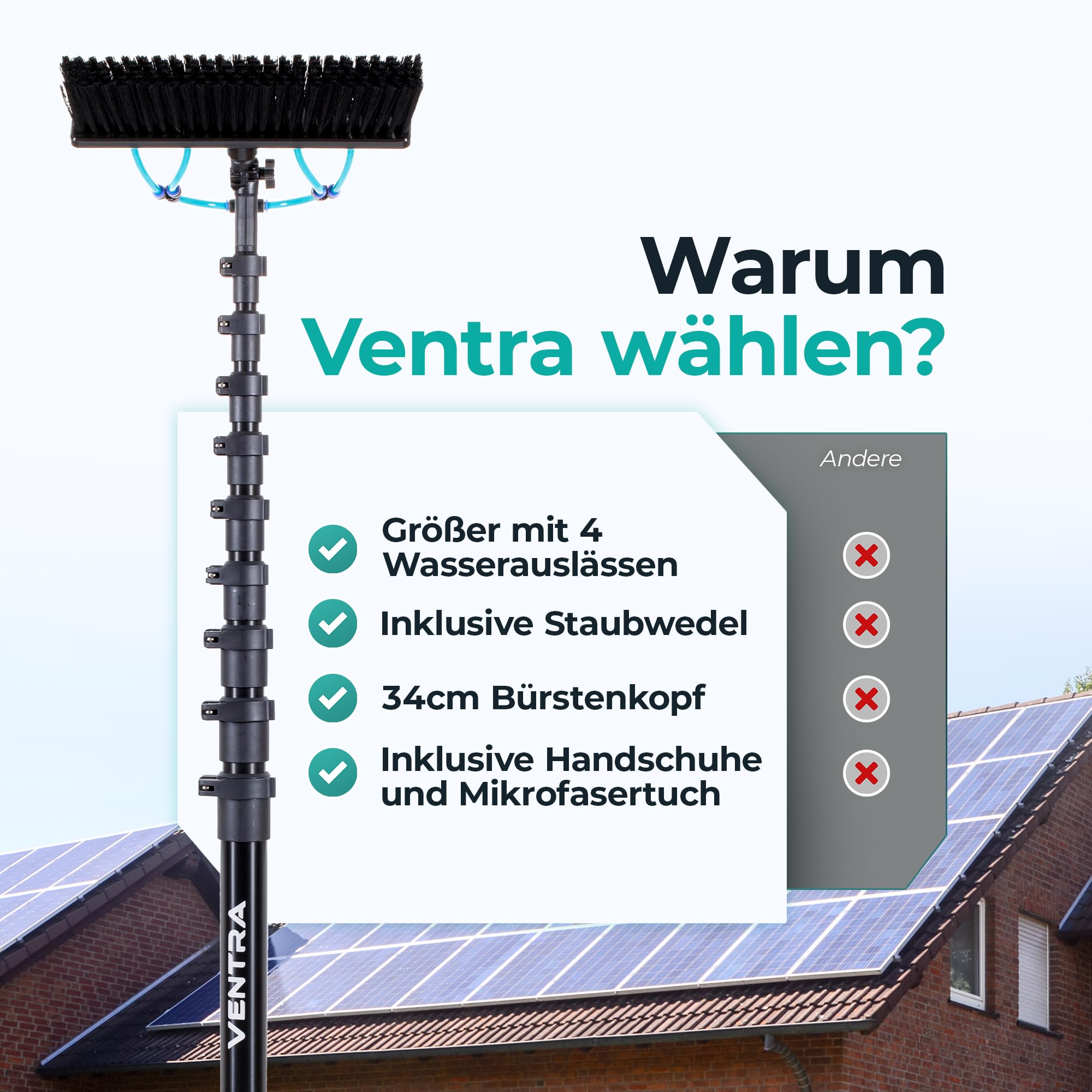 VENTRA Teleskop-Waschbürste 7,2M – Extra Große Bürste (34 cm) - 4 Wasserauslässe – Fensterheber & Staubwedel – Edelstahl Teleskopstiel – Inklusive Handschuhe & Mikrofasertuch