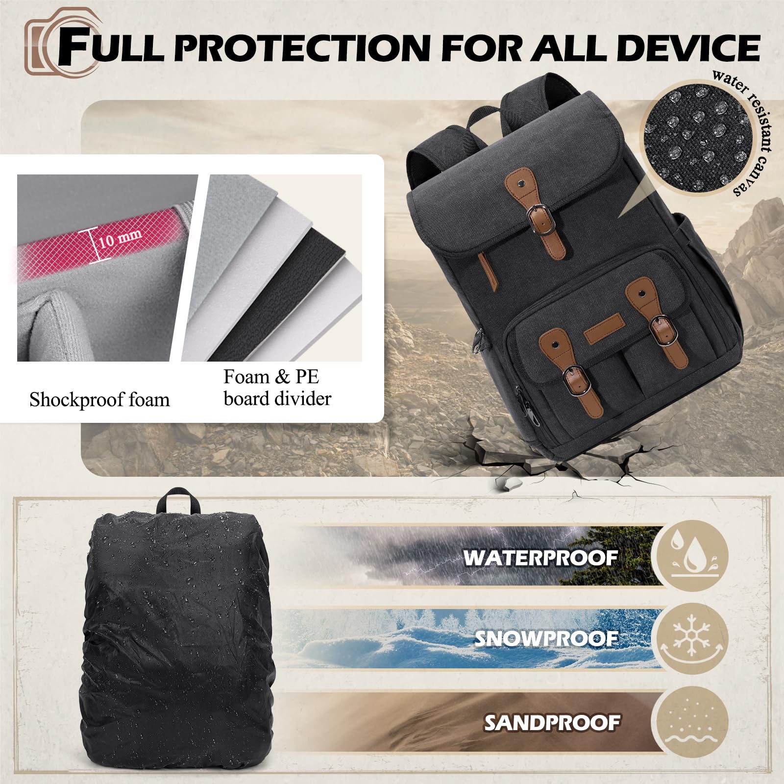 RAINSMORE Camera Bag Backpack for DSLR/SLR Mirrorless 15.6 Inch Laptop Camera Back Pack for Photographers Anti-Theft Photography Bags Case with Tripod Holder & Rain Cover, Black