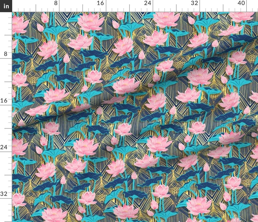 Spoonflower Fabric - Art Deco Lotus Flowers Pink Navy Vintage Leaves Teal Floral Nouveau Printed on Petal Signature Cotton Fabric by The Yard - Sewing Quilting Apparel Crafts Decor