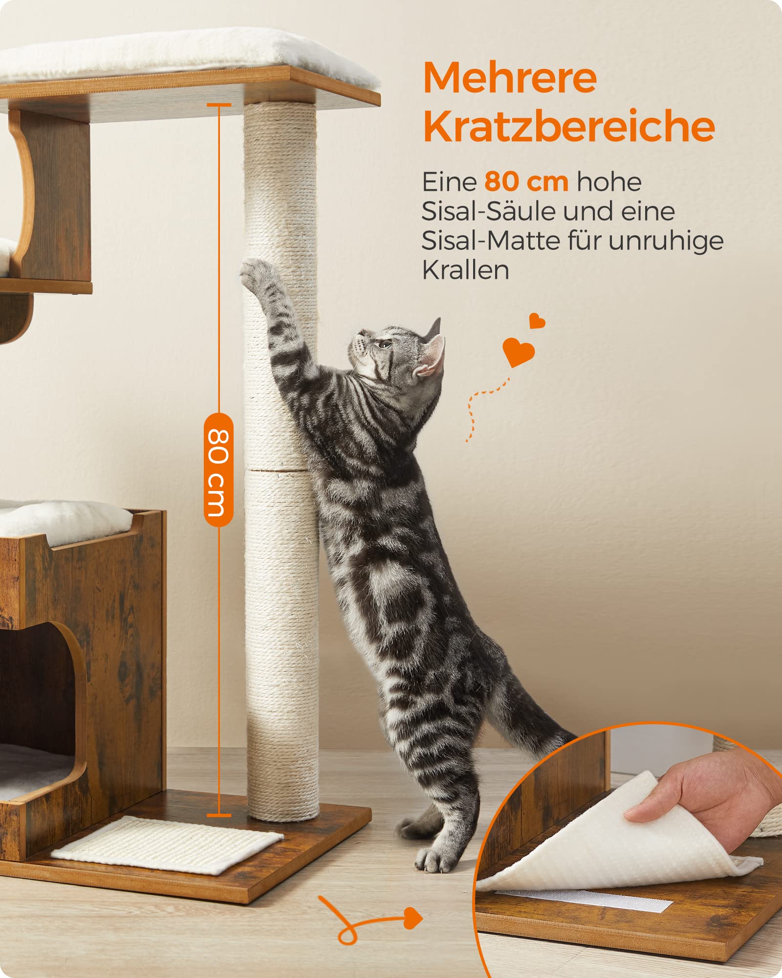 Feandrea Kratzbaum, 86 cm hoher Katzenbaum, Spanplatten-Katzenkratzbaum, mit Höhle, Liegeflächen, Säule und Sisal-Kratzmatte, waschbare Plüschkissen, vintagebraun PCT70HW