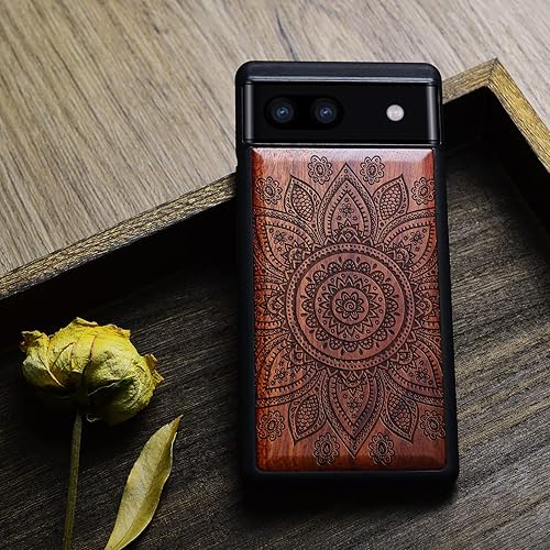 Miniatura 4 de Carveit Funda de madera para Pixel 6a madera natural y TPU suave negro a prueba de golpes, compatible con Google Pixel 6a (hermoso patrón de flores,