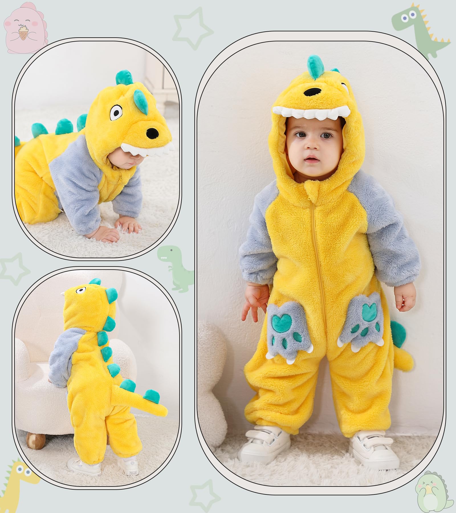 LOLANTA Unisex Baby Dinosaur Dragon Costume, Toddler Plush One-Piece Hooded Animal Romper, Yellow, 2-3 Years, Tag 100 - Image 2