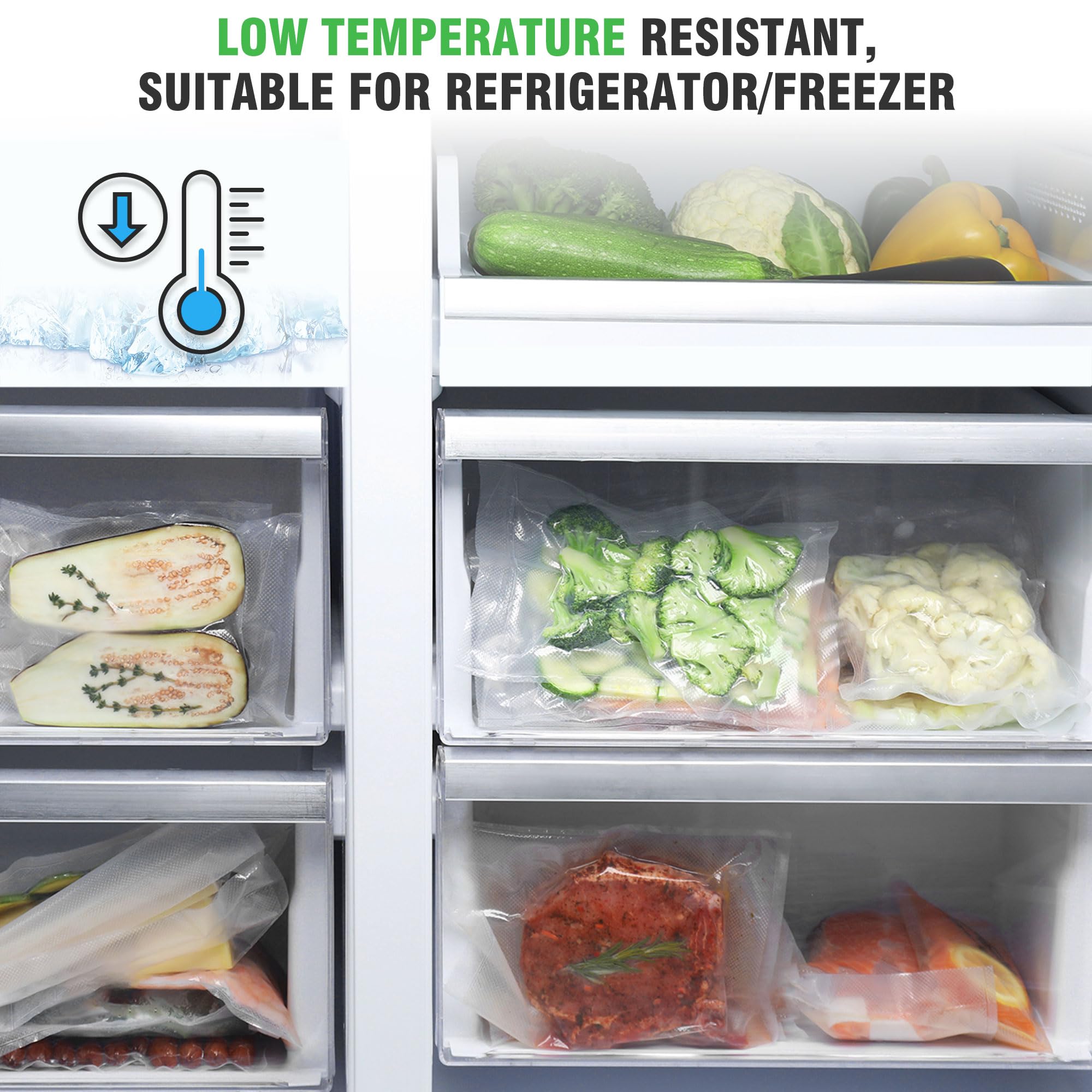 KitchenBoss 20 Rouleaux Sacs Sous Vide Alimentaire：Rouleau Sous Vide Alimentaire avec 2 Boîtes de Coupe, 20/28 x 300 cm (10 Pcs Chacun), Sachet Sous Vide Alimentaire Commerciaux pour Machine Sous Vide