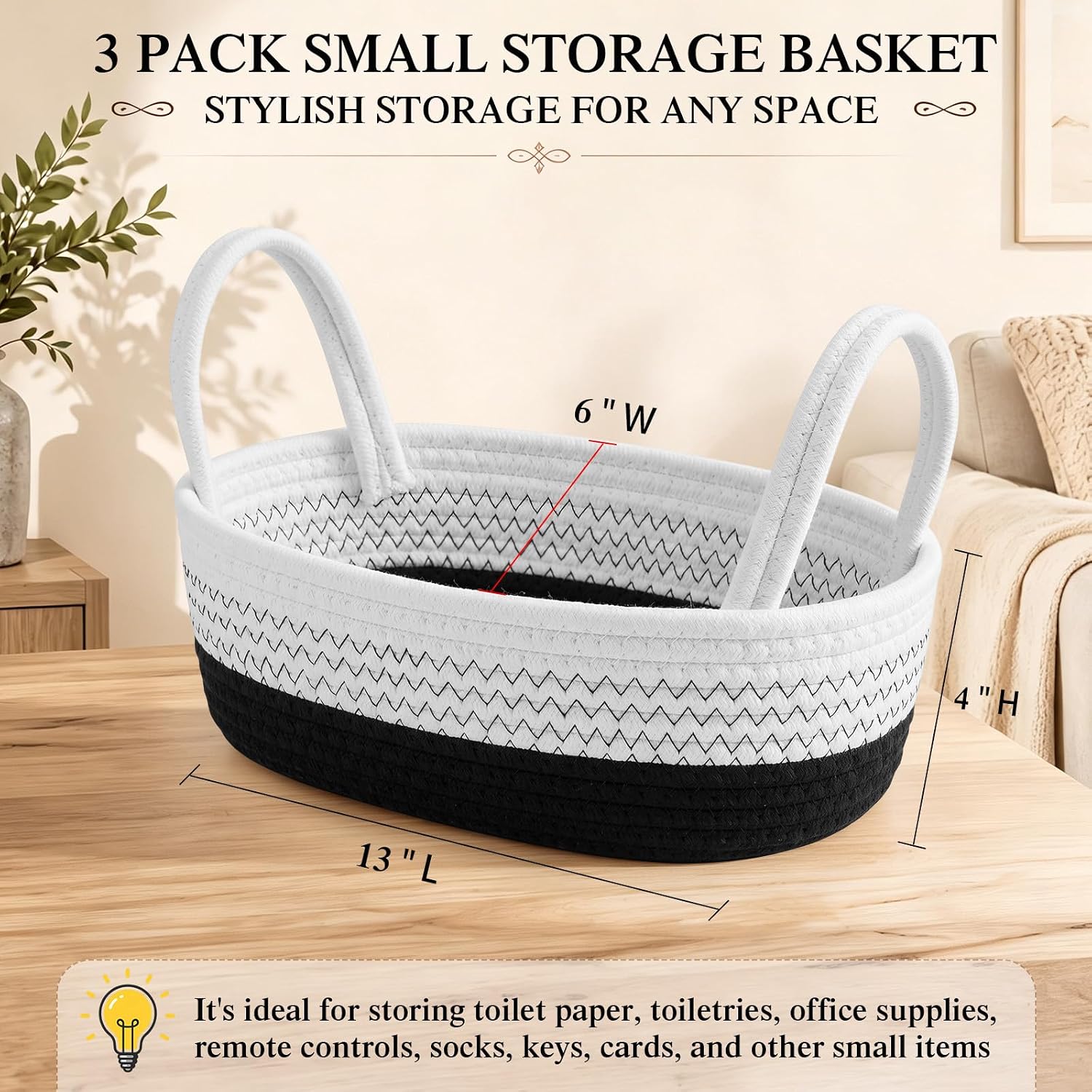 Marsui 3 Pcs Toilet Paper Storage Baskets, Black White Cotton Rope Tray