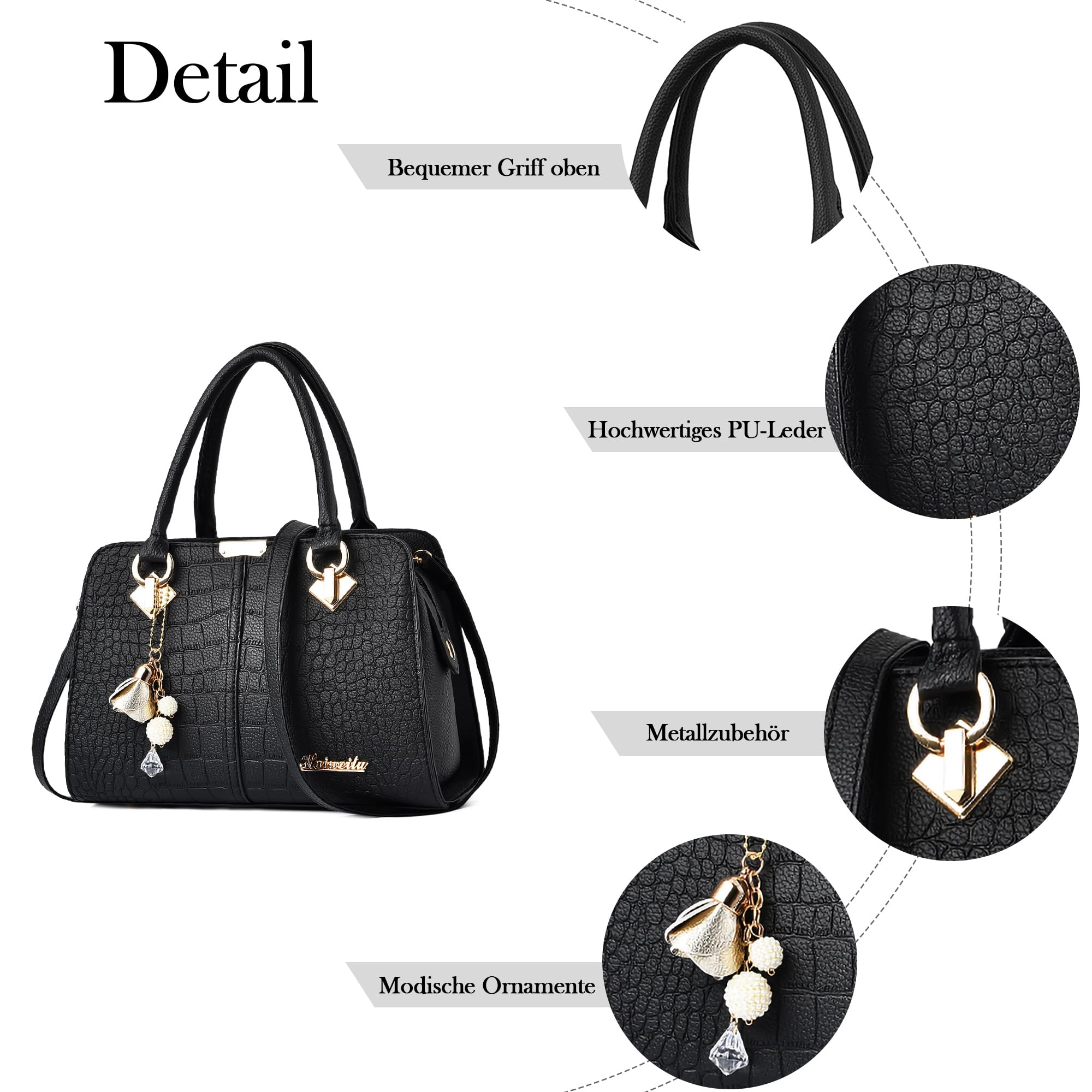 Handtasche Damen Mittelgroß - Elegante Große Kapazität Wasserdicht PU Leder Mode Ornamente Abnehmbarem Schulterriemen für Reisen Arbeit Einkaufen Klavierschwarz