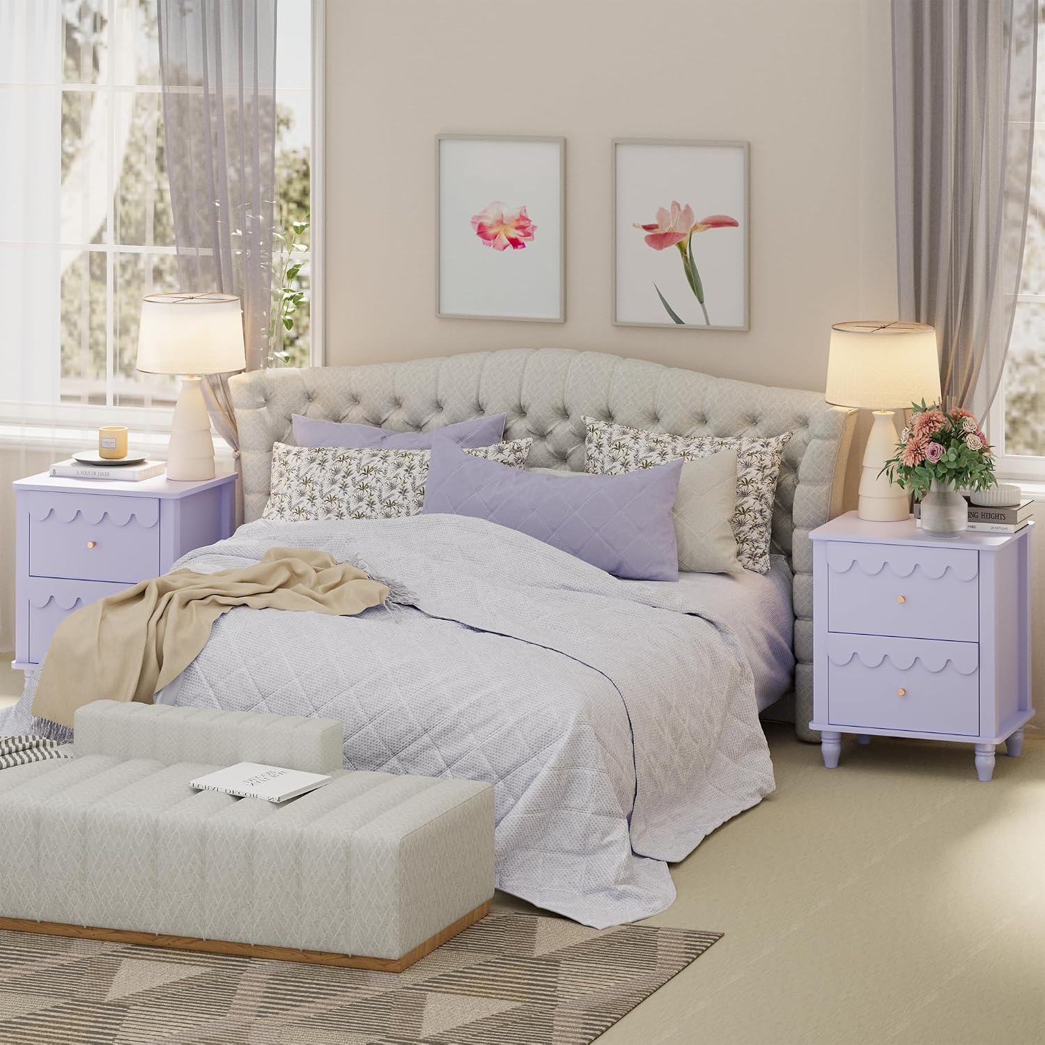 Purple Nightstand Side End Table with 2 Drawers, Modern Night Stand with Petal Pattern for Bedroom, Scalloped Bedside Night Tables with Solid Wood Legs