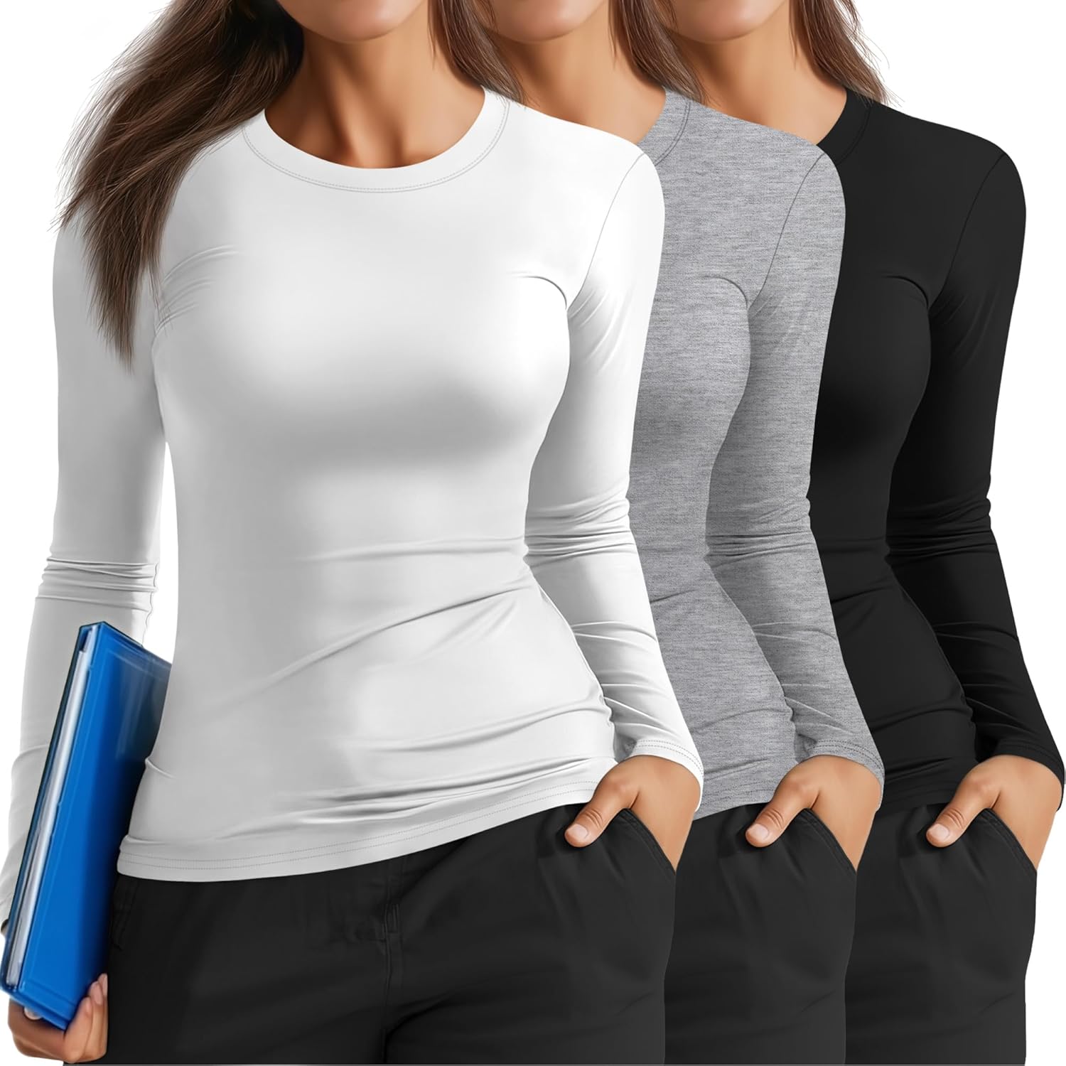 3 Pack Women's Plus Size Underscrub Shirts, Long Sleeve Crew Neck Tops Fitted Layering Basic Tee for Nurse