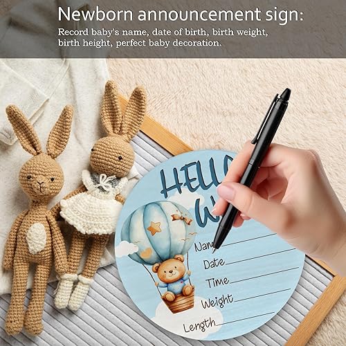 Miniatura 4 de Letrero de anuncio de bebé, globo aerostático de oso azul Hello World, decoración de baby shower, decoración de guardería de madera de 6 pulgadas,