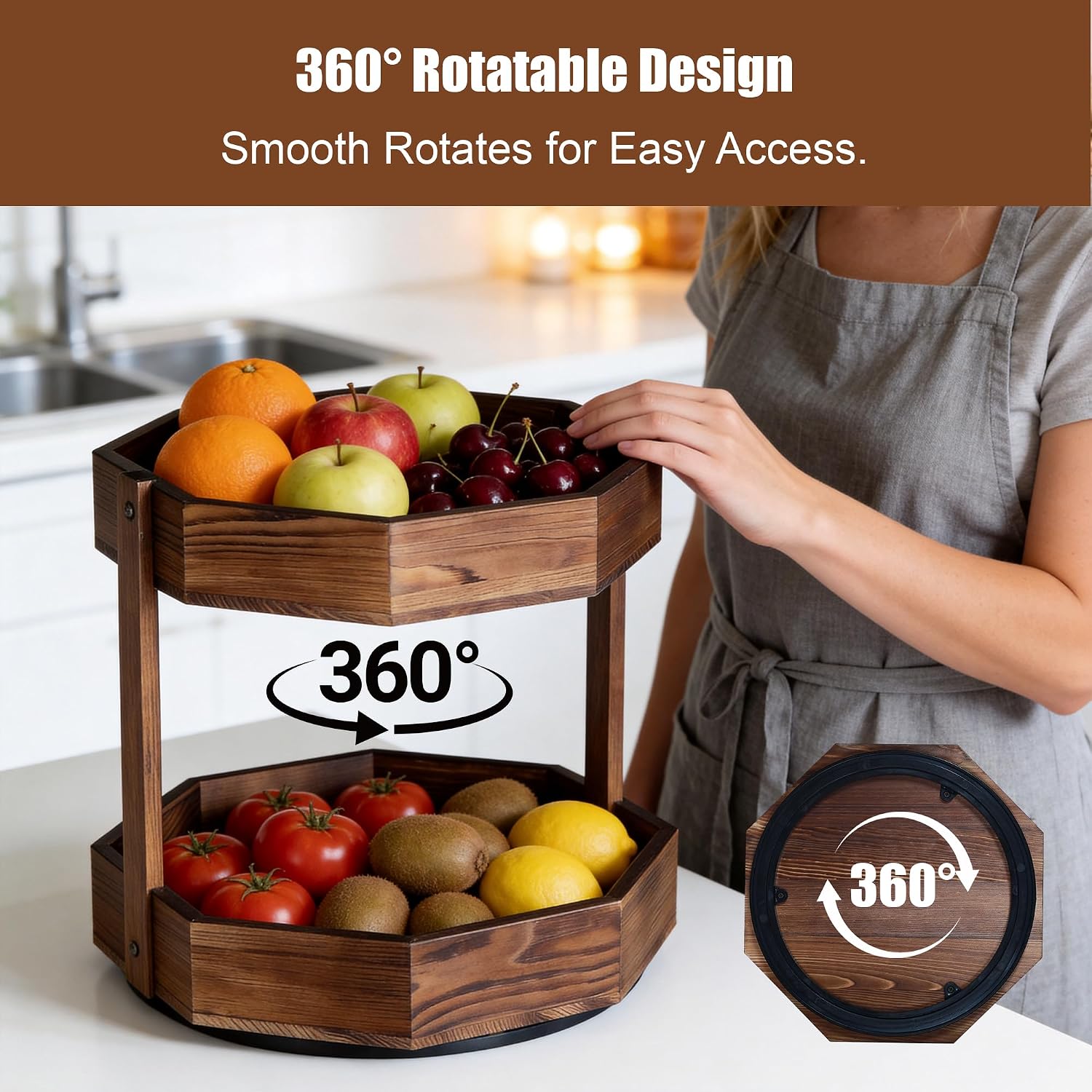 360° Rotation Wood Fruit Basket for Kitchen Counter , 2 Tier Fruit Bowl for Corner Space-Saving Fruit Stand Holder for Bread Fruit and Vegetable Storage Kitchen Countertop Organizer, Easy Assembly