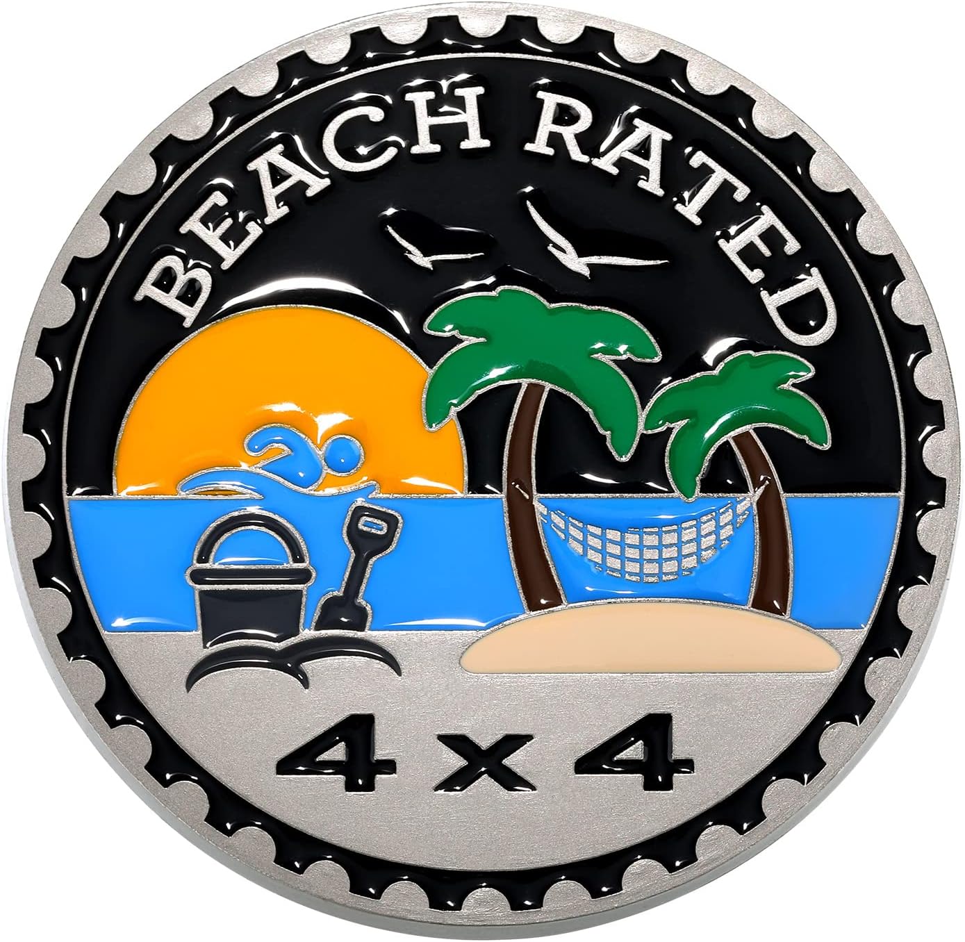 Frienda Beach Rated 4 x 4 Car Badge Metal Automotive Badge 3D Emblems Round Car Emblem Decals Stickers Compatible with Vehicles Trucks SUV