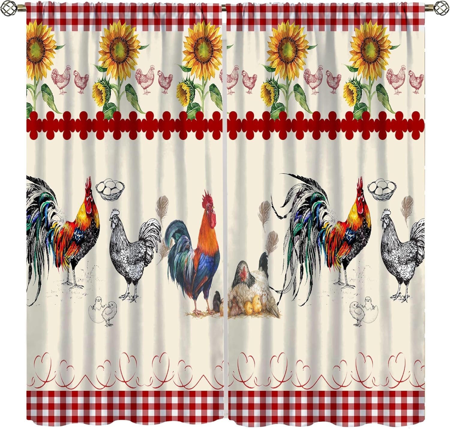 Rustic Rooster Curtain,Vintage Chicken Red Plaid Country Farm Sunflower Window Treatment Curtains for Bedroom Cafe Dining Room Office Living Room Kitchen Drapes, 42x63 in