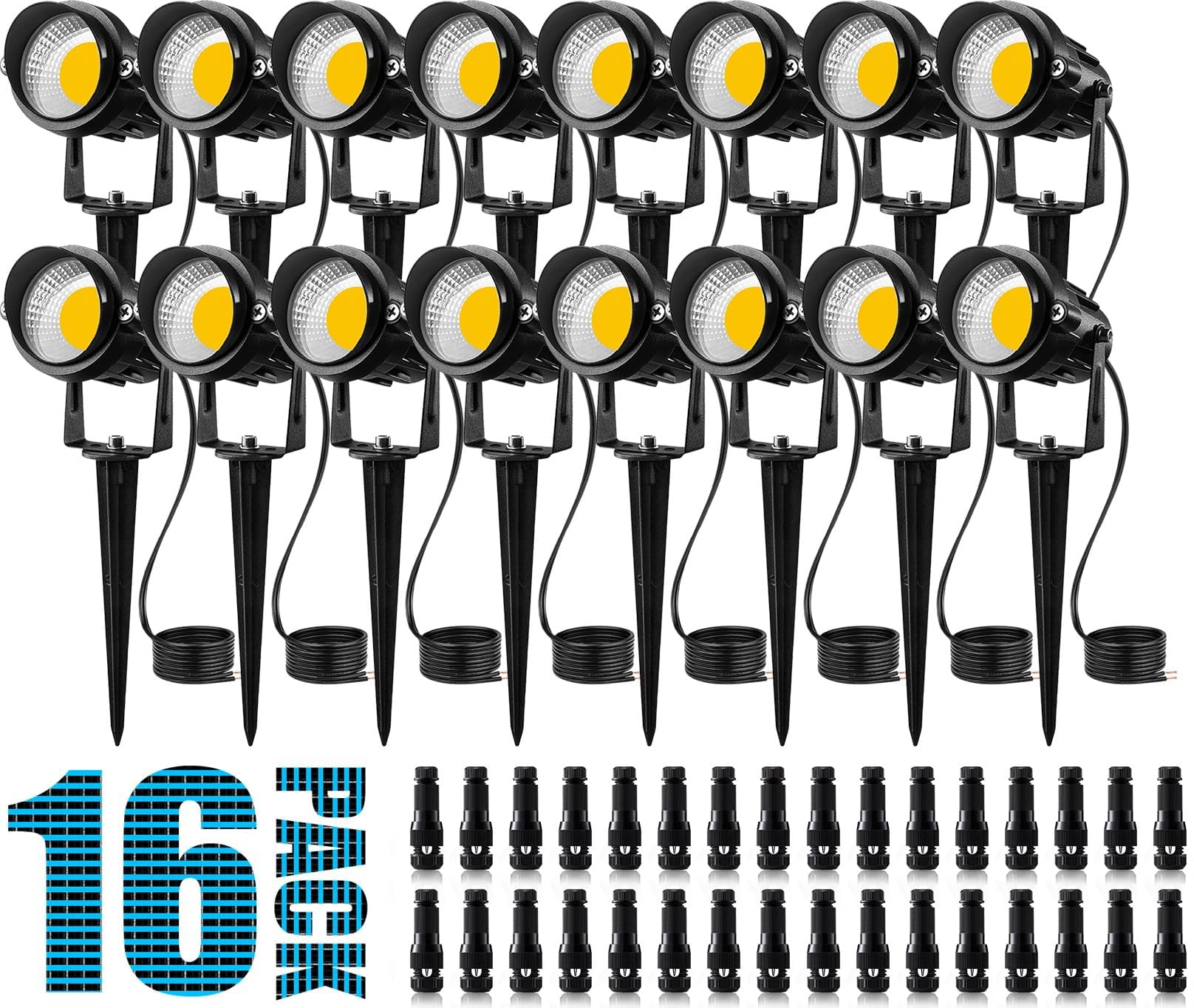SUNVIE 16 sztuk niskonapięciowych lamp do krajobrazu, 12 W, ze złączami, oświetlenie zewnętrzne LED 3000 K, wodoszczelne, niskonapięciowe oświetlenie z podstawką, do ogrodu, na podwórko, ścieżkę