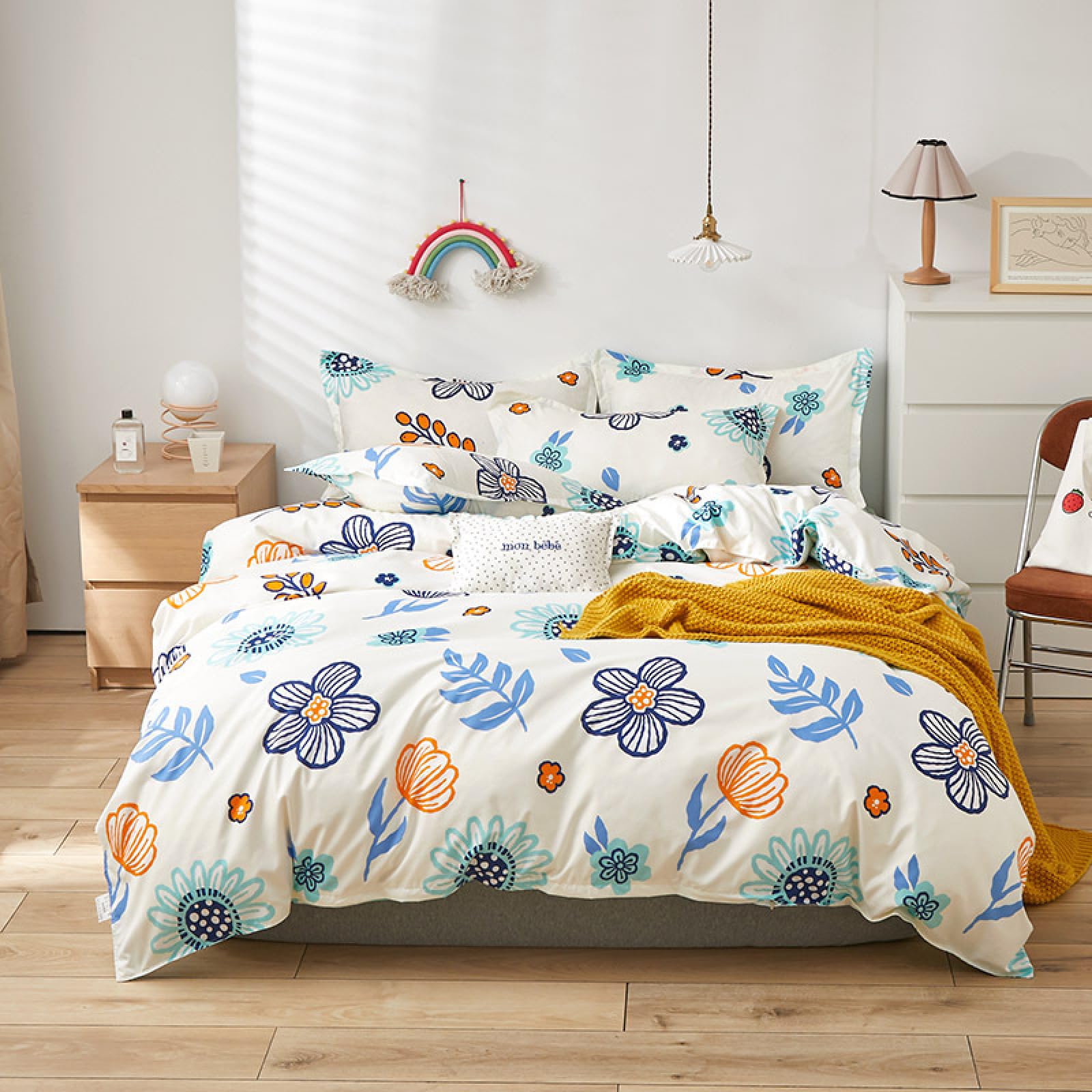 Single Duvet Cover Flowers And Leaves Duvet Cover Sets 150X200,Bedding Microfiber with Hidden Zipper Duvet Cover - Includes Pillow Cases 2 Pack(50X75Cm),Bedding Set