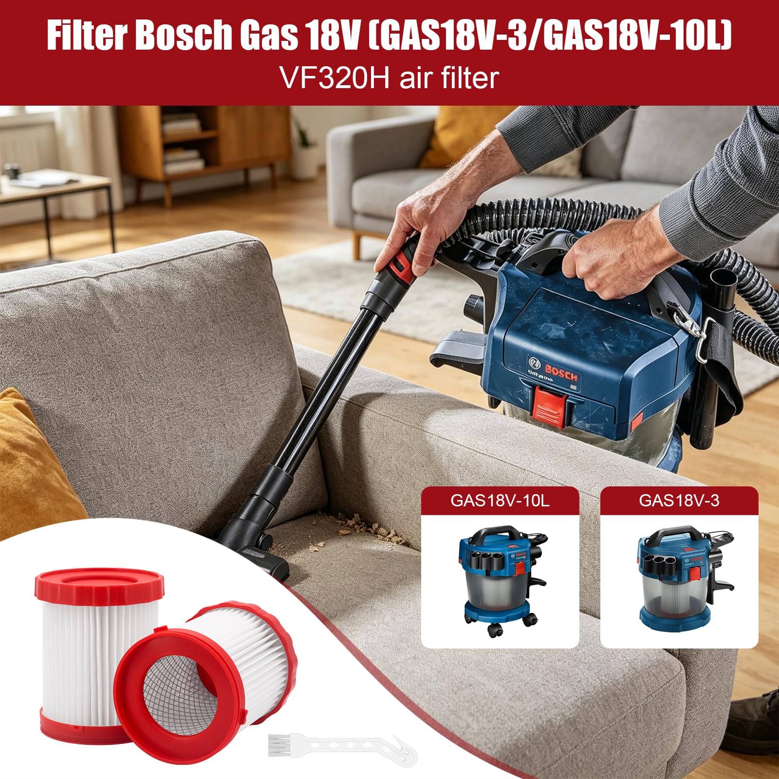 Puupaa Filter Ersatz für Bosch – 18 V 2,6 Gallonen GAS18V-3/GAS18V-10L Nass-/Trockensauger, waschbares und wiederverwendbares HEPA-Filterzubehör (2 Stück