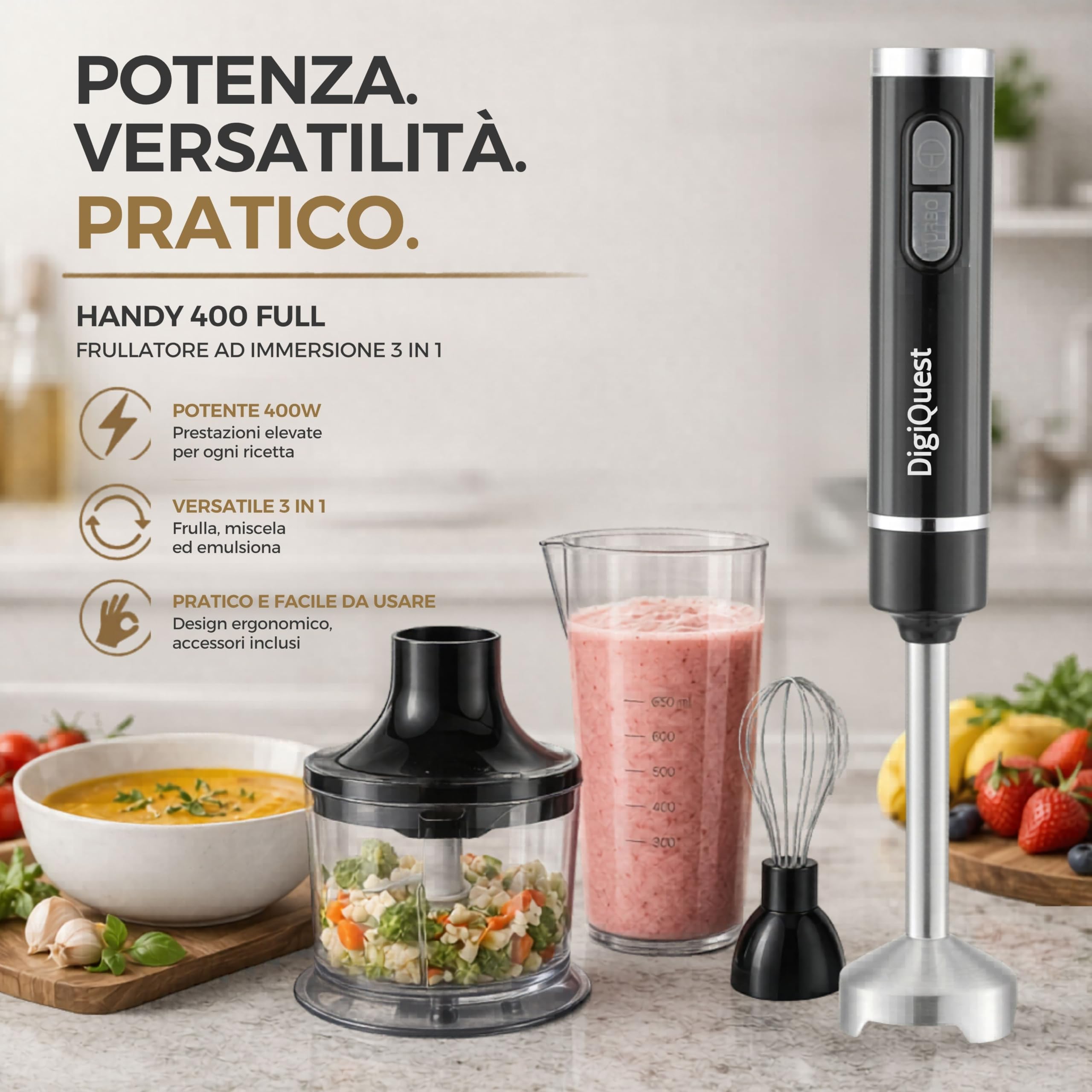 DIGIQUEST Frullatore Ad Immersione Multiuso 3 in 1 Handy 400 Full - Lame e braccio smontabile, Acciaio Inox, Impugnatura Ergonomica, Ciotola e Bicchiere inclusi nella confezione (3in1 ACCIAIO)