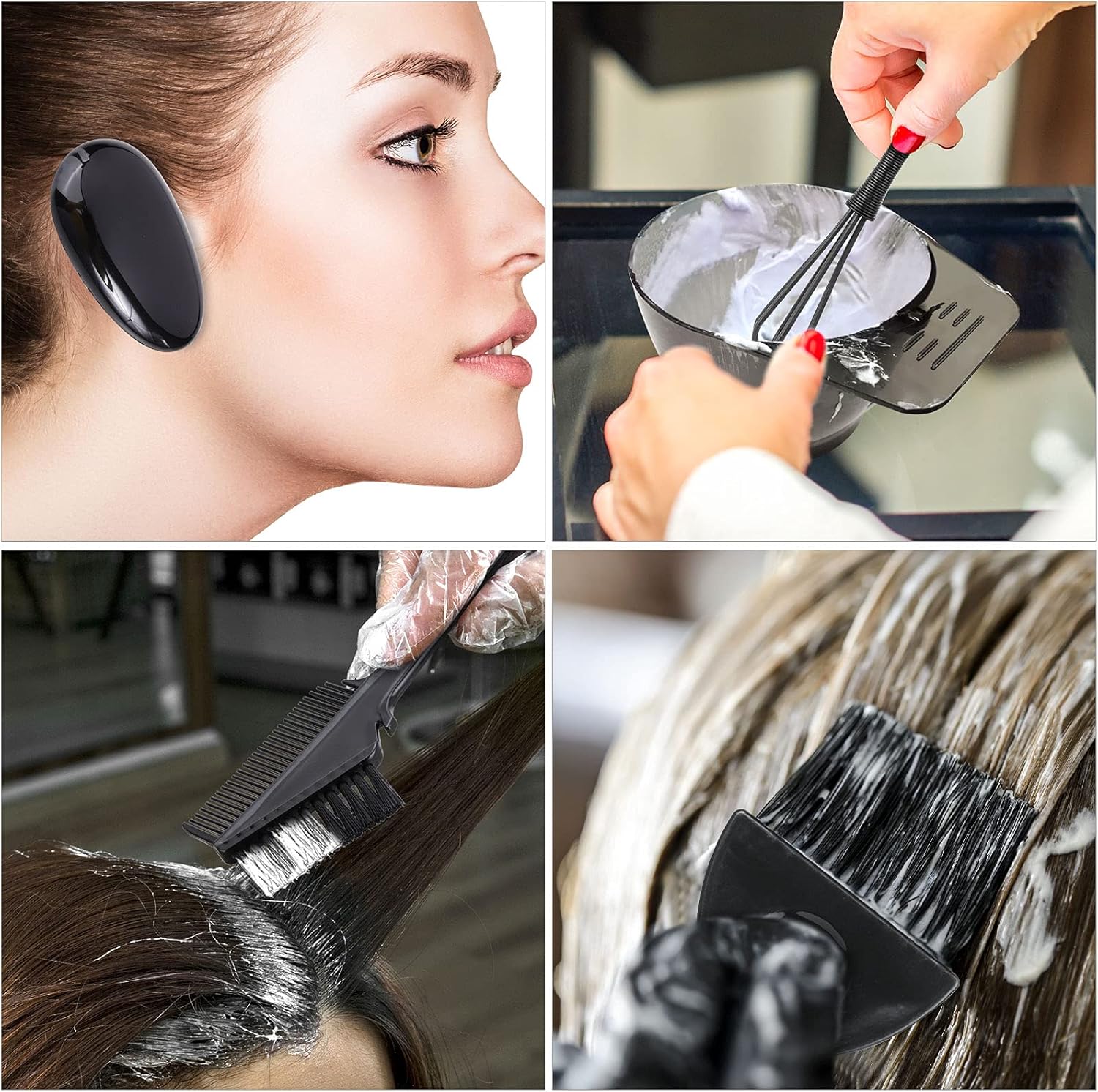 10 Pcs Professional Hair Coloring Dyeing Kit for Salon and Home, Mixing Bowl, Dye Color Brush, Ear Caps, Dye Mixer (Black) : Beauty & Personal Care