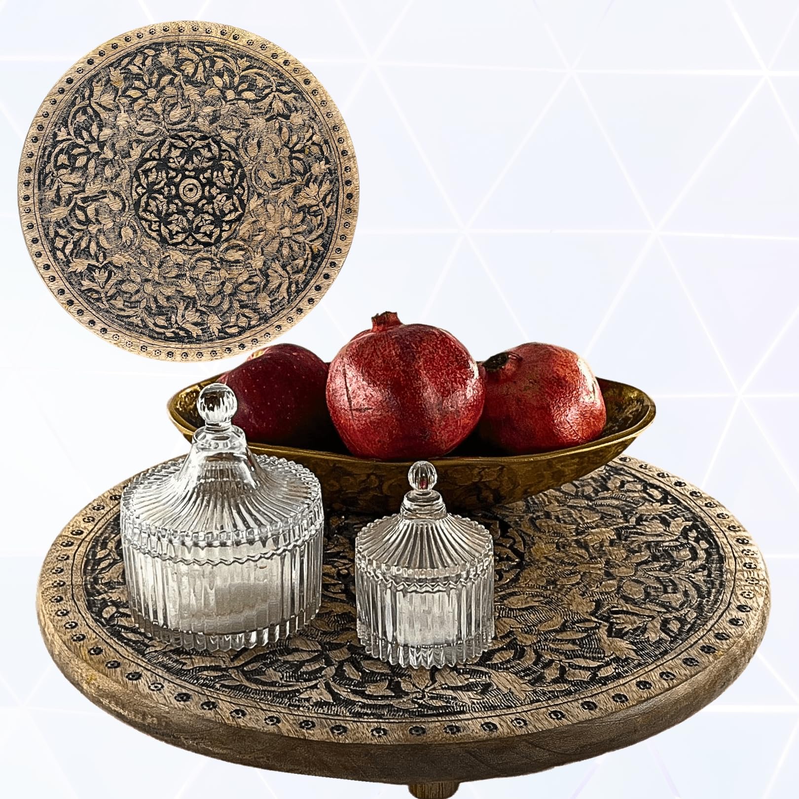 Serving Round Wooden Tray Home Decor Rustic Kitchen Countertop Display Coffee Tea Organizer Decorative Ramadan Circle Plate Cake Stand Breakfast Bamboo (Floral Black)