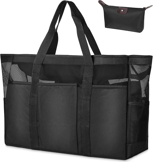Large Mesh Beach Bag, Summer Beach Bags with Zipper, Waterproof Travel Tote Bag Nylon Mesh Bag, Multi Pockets Large Shoulder Bag for Beach Party Travel Picnic Vacation Shopping - 60 x 35 x 18 CM
