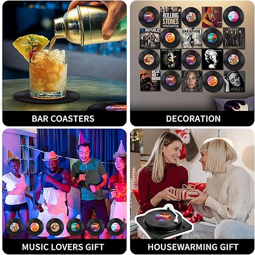 Miniatura 2 de Divertidos posavasos retro para bebidas con soporte para reproductor de vinilo para amantes de la música, juego de 6 posavasos de conversación con