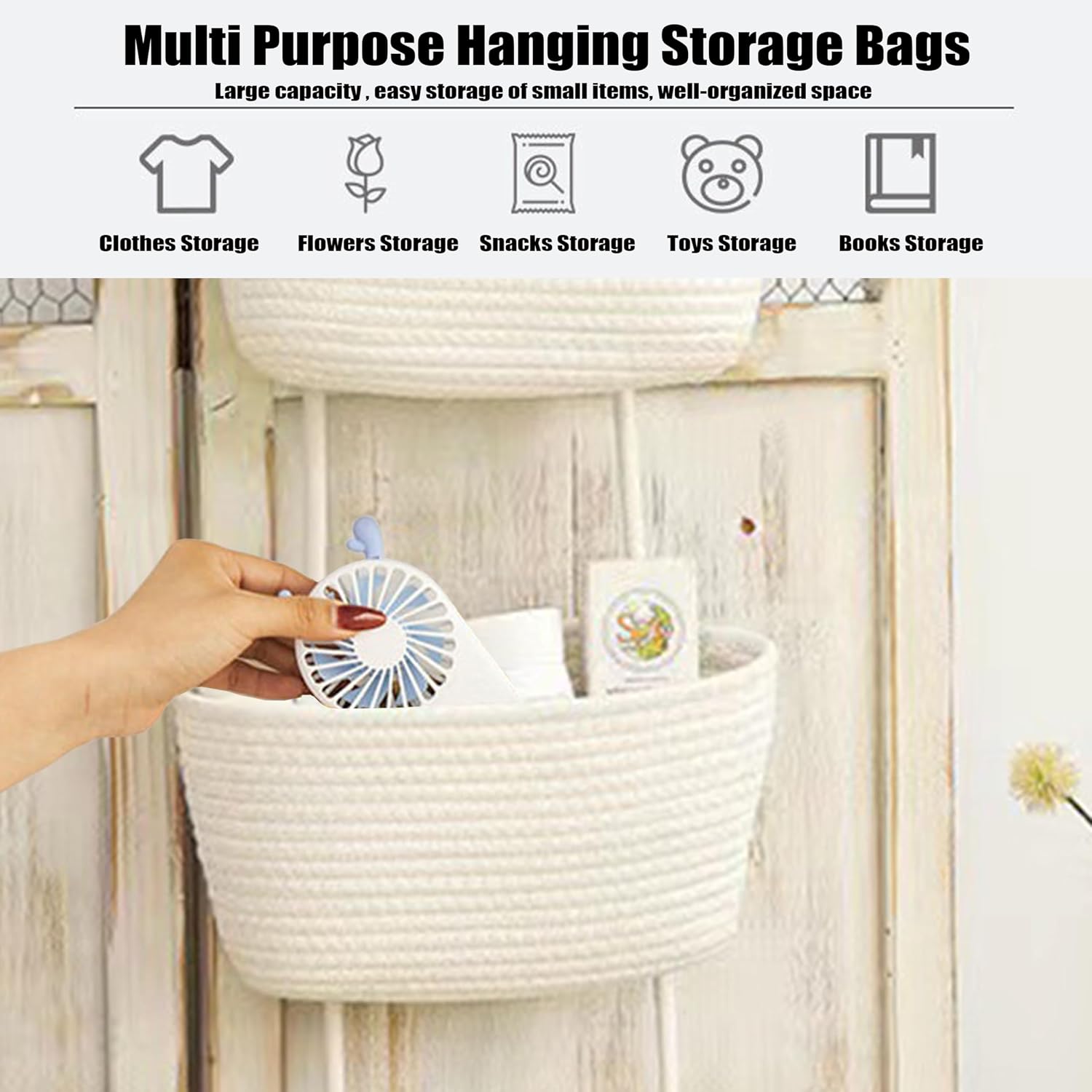 AARAINBOW Wall Hanging Cotton Baskets, Large 3 Tier Decorative Basket for Wall, Nursery, Bathroom, Boho Organizing (B-White)