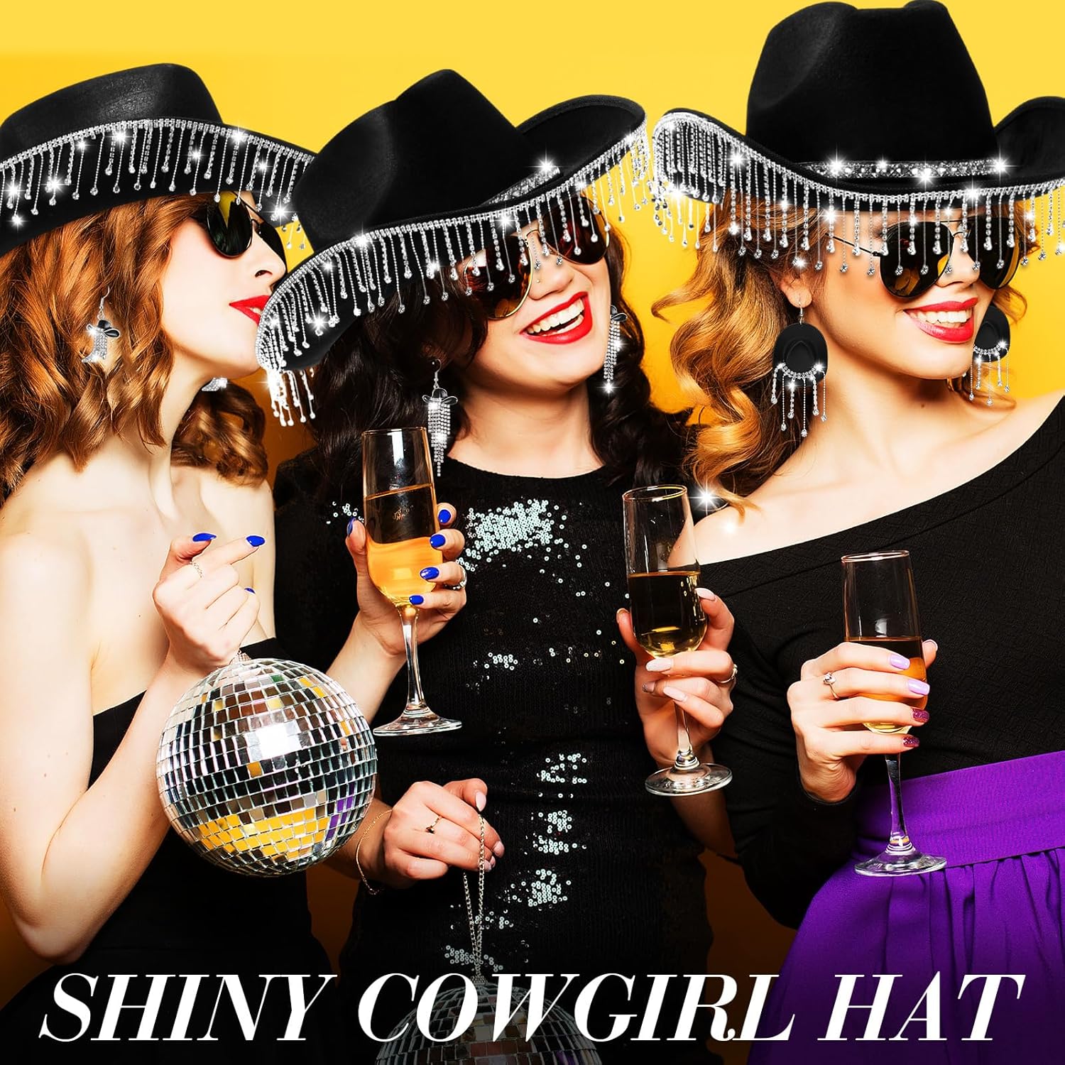 6 Pcs Cowgirl Hat Black Rhinestone Set 3 Cowboy Hat with Fringe 3 Western Earring Bling Diamond Fringe Cowboy Cap for Bachelorette Party Cosplay Costume Wedding Bridal Shower Favor - Image 6