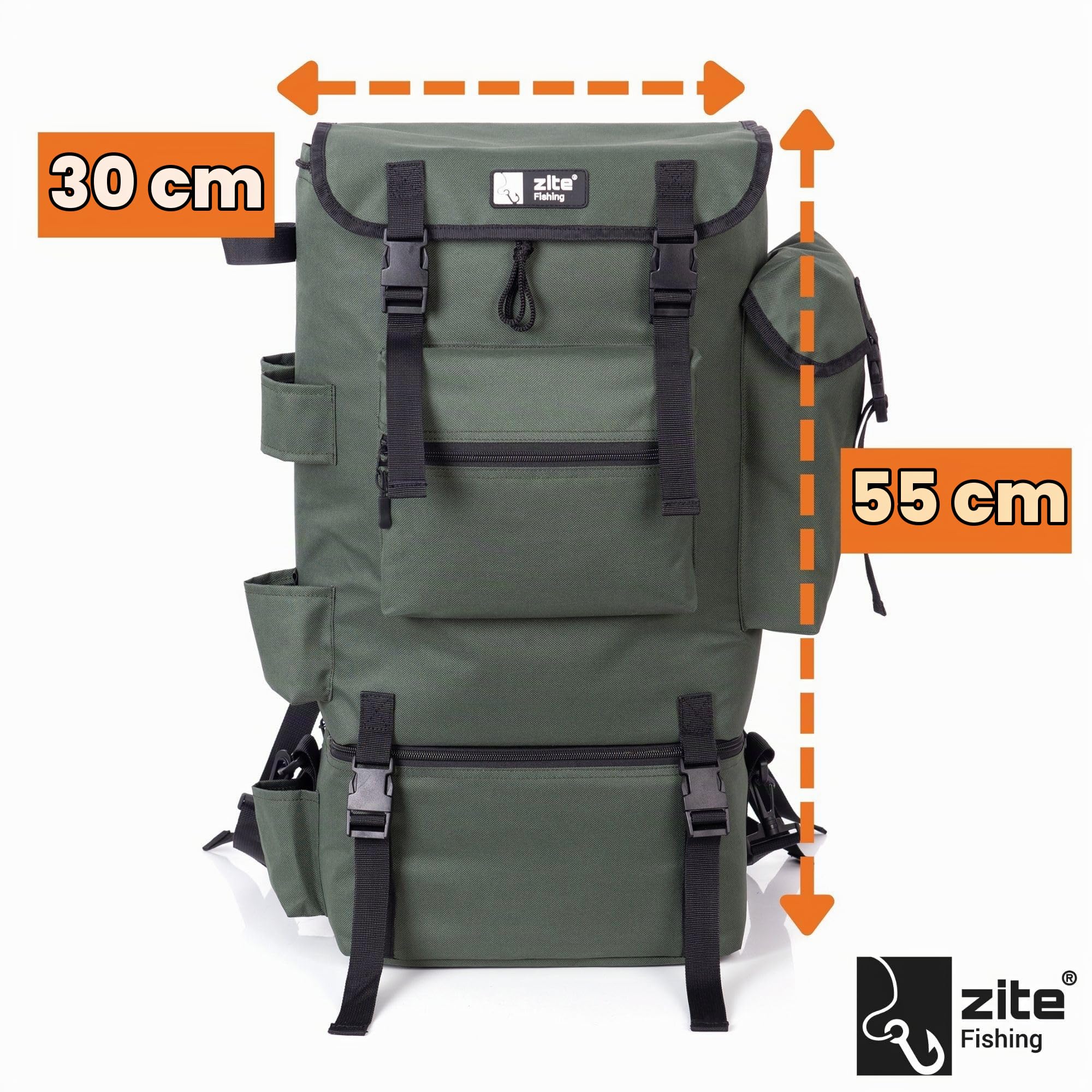 Zite Fishing Angelrucksack mit Rutenhalter & Abnehmarem Kühlfach - Angeltasche 55x30cm Gepolsterte Schultergurte - Spinnfischen & Ansitz Angeln, Angel Rucksack Fishing Backpack, Angler Rucksack angeln
