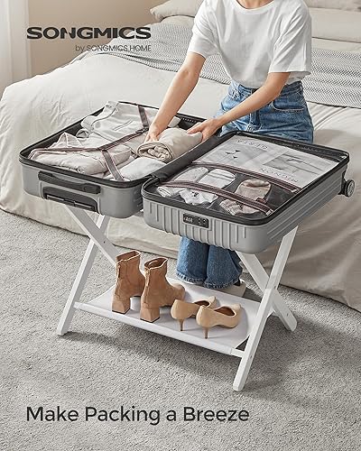 Miniatura 2 de SONGMICS Portaequipajes de bambú para habitación de invitados, juego de 2, soporte plegable para maleta con estante de almacenamiento de tela, para