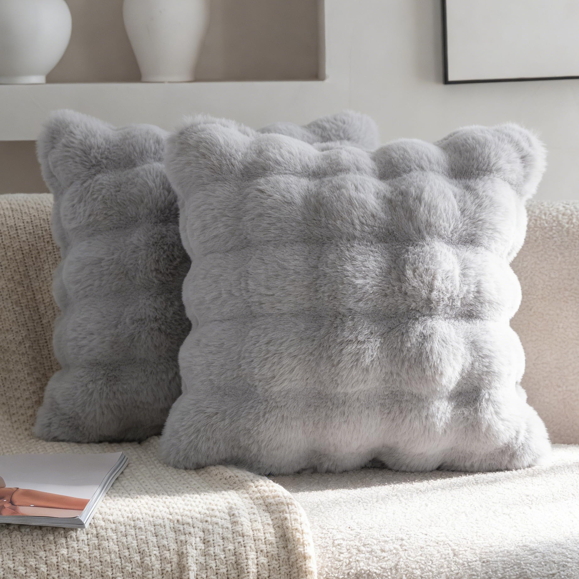 Neelvin Set of 2 Decorative Cushion Covers Thick Plush Wool Lightgrey Throw Pillow Covers 60x60 cm,24x24 Inches Pillowcase Plush fluffy for Couch Livingroom Sofa Bedroom โ image 1
