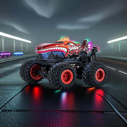 Miniatura 8 de Gohero Camión monstruo de juguete a control remoto, escala 120, camión monstruo de tiburón a control remoto con luz y música, auto de control remoto