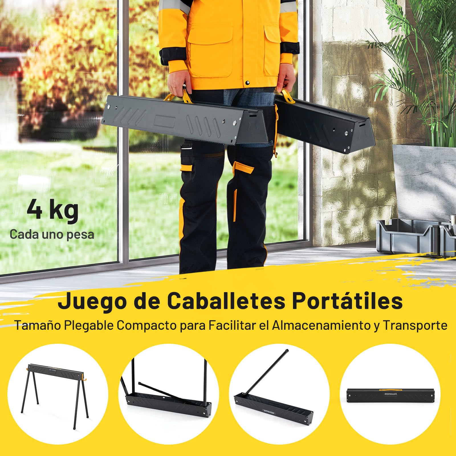 COSTWAY Juego de 2 Caballeteas de Sierra con Patas Plegables, Caballete Metálico de Trabajo con Asa y Brazos de Soporte, Borriquetas para Contratistas Carpinteros, Carga 500 kg, Negro