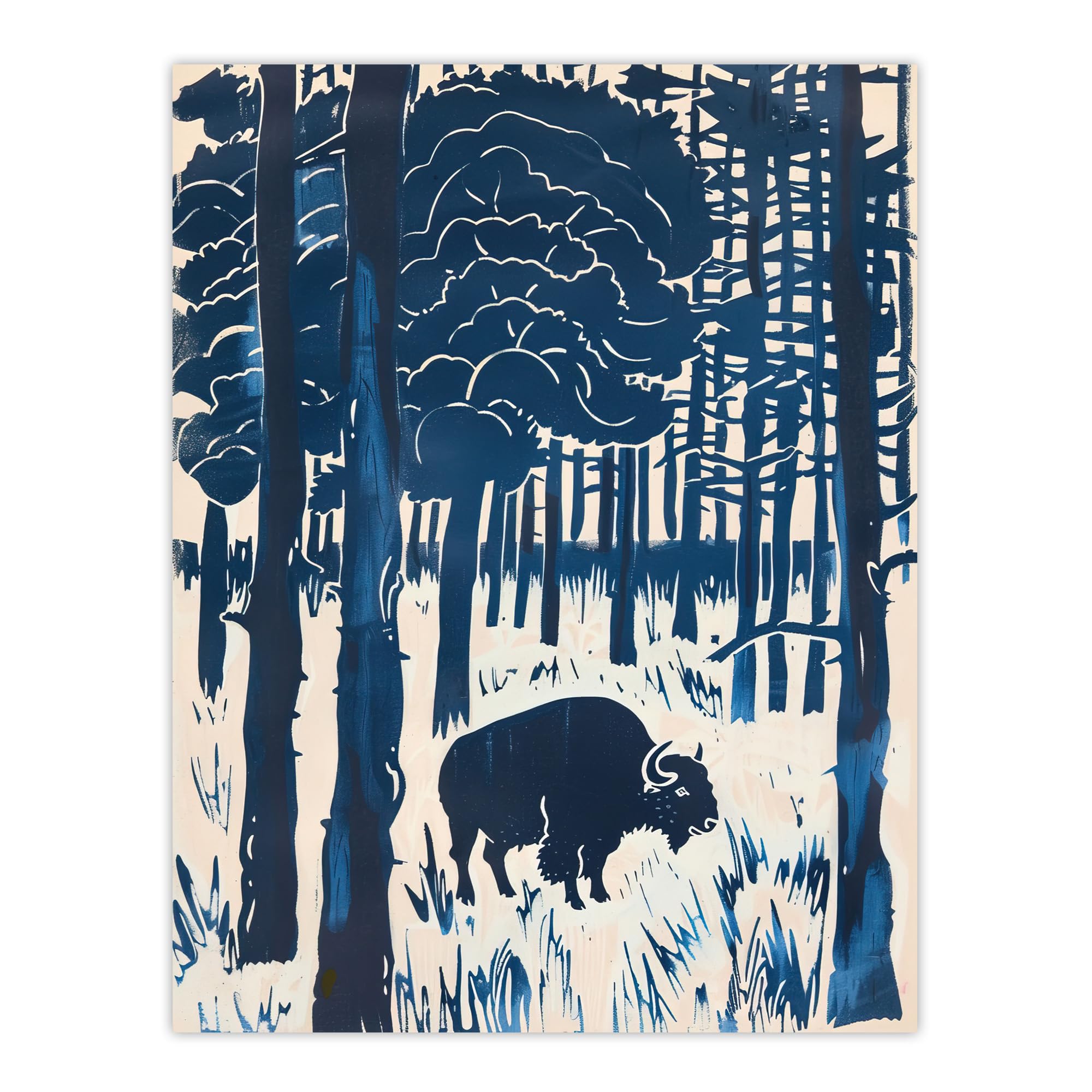 Bison Grazing in Forest Blue Landscape Painting Wall Art Print - W24 inch x H32 inch