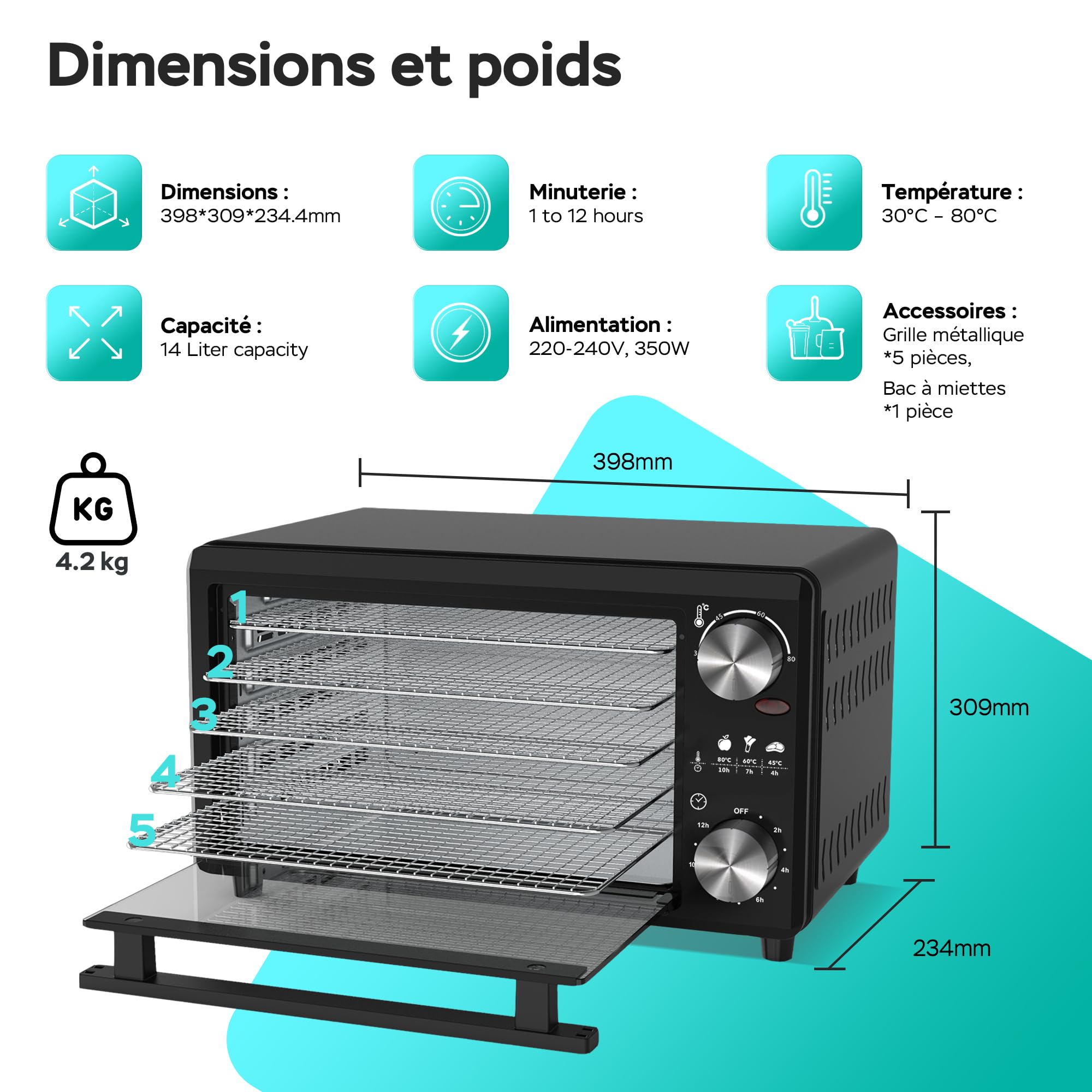 Déshydrateur TurboWave BIO entièrement en métal, 14 litres, fourni avec grilles, minuteur et cahier de recette, dehydrator food (14 Litres)