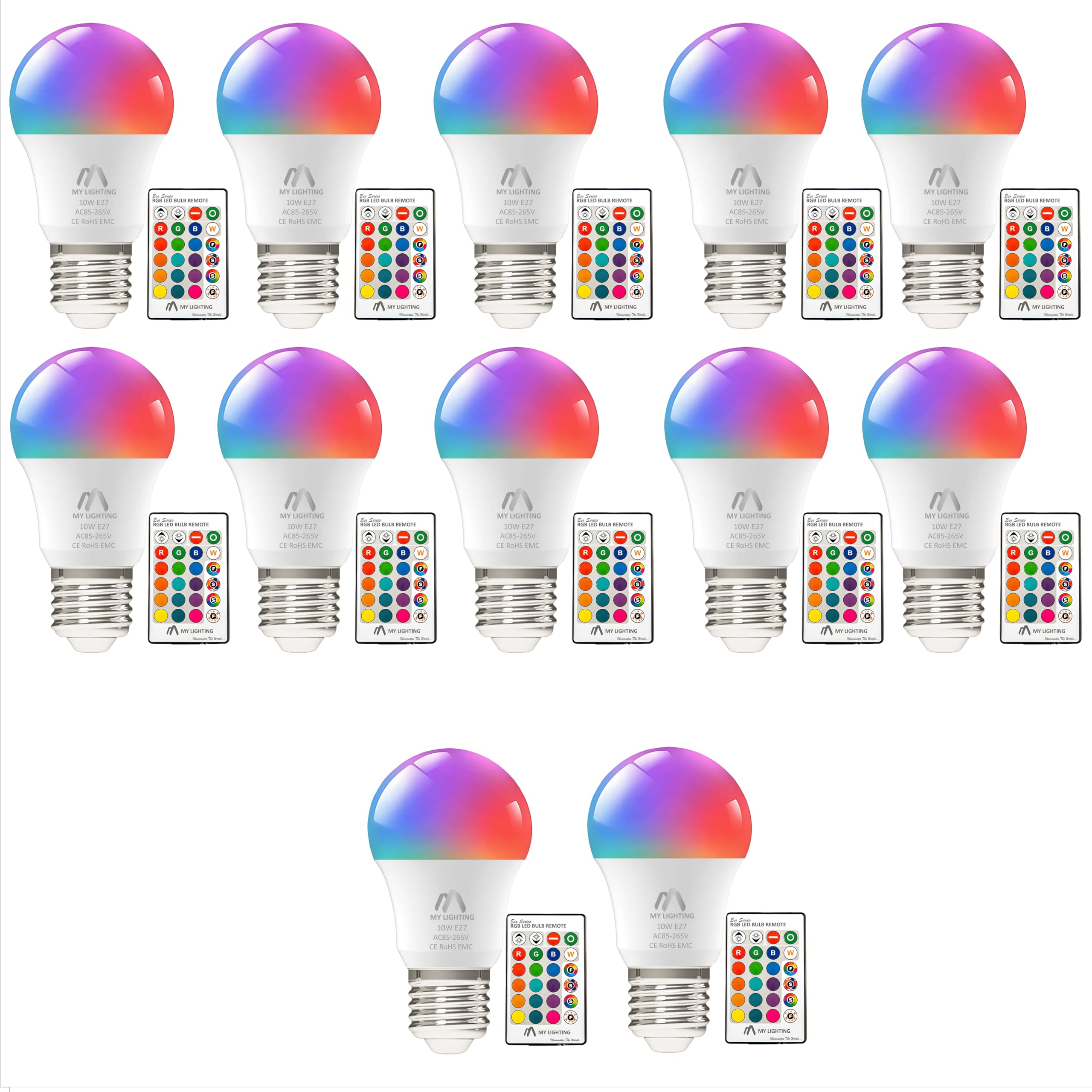 My Lighting 10W E27 ECO Series Colour Changing Light Bulb Dimmable, LED Bulbs with Remote,RGB + Cool White 6000K, 16 Million Colour for Home Decore & Mood Lighting (Value Pack of 10 & Get 2 Bulb Free)