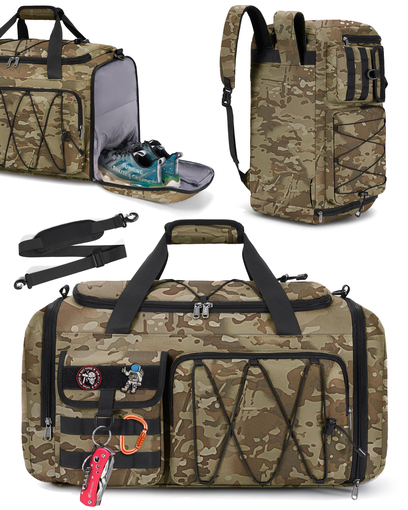RAINSMORE Sports Gym Bag for Men Women, 45L Large Duffel Bag with Shoe Compartment and Wet Pocket, Water Resistant, 3-in-1 Travel Holdall Weekender Khaki Camo